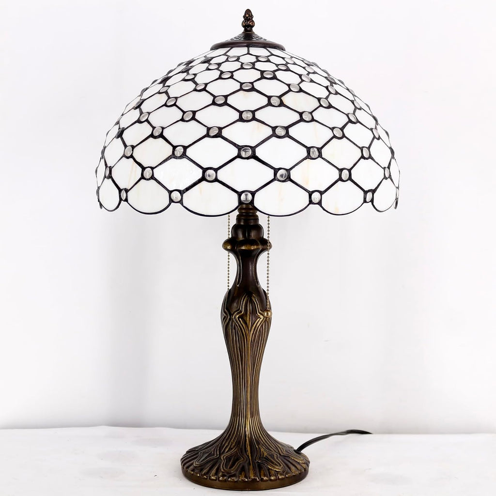 WERFACTORY Tiffany Table Lamp Stained Glass Bedside Lamp 16X16X24 Inches Cream Pearl Bead Desk Reading Light Metal Base Decor Bedroom Living Room Home Office S005 Series