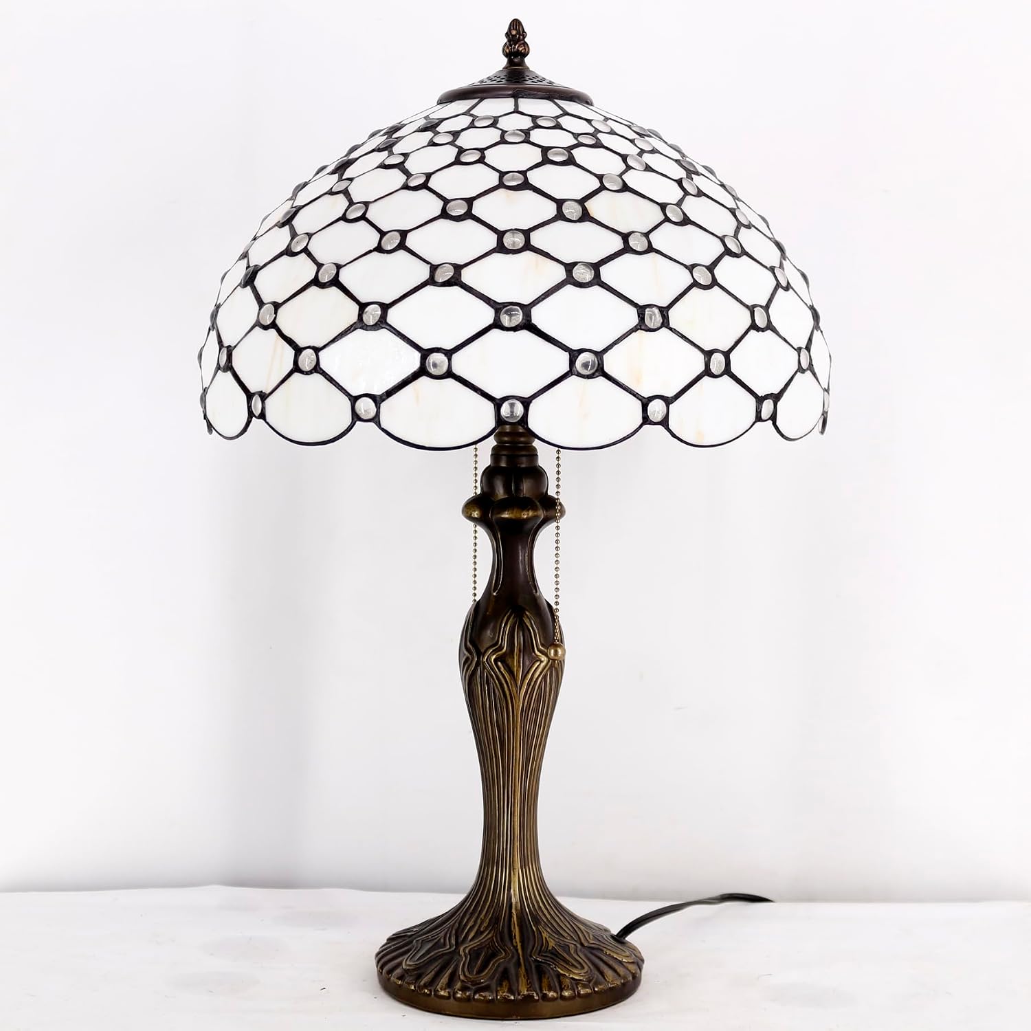 WERFACTORY Tiffany Table Lamp Stained Glass Bedside Lamp 16X16X24 Inches Cream Pearl Bead Desk Reading Light Metal Base Decor Bedroom Living Room Home Office S005 Series