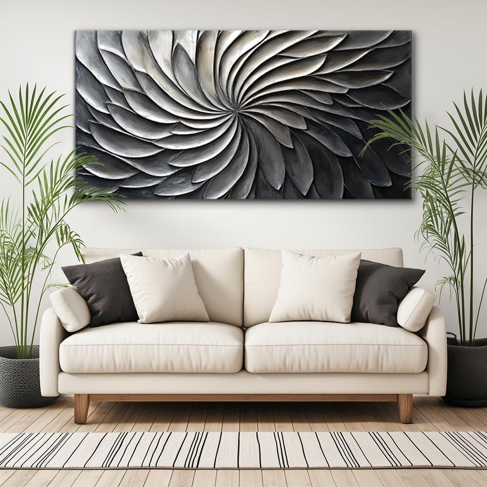 LASMOND Abstract Black and White Wall Art for Living Room Modern Canvas Print Painting Lines Flower Floral Large Artwork Bedroom Home Office Wall Décor (58x28 Inches)