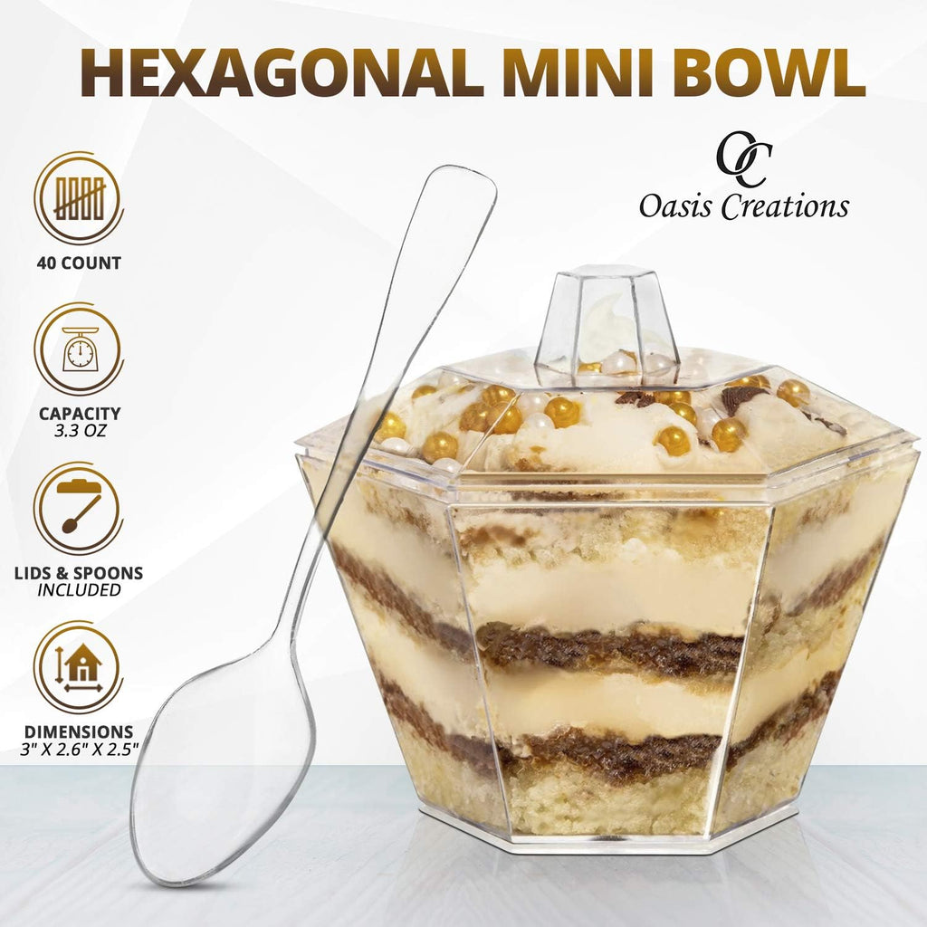 Hexagonal Mini Bowl-Lids & Spoons Included- 3.3 ounce -320 Count -Clear Plastic - Six Sided Bowl - Flower Cup-Mini Dessert Cup- Serving Bowl -Snack Bowl-Disposable or Reusable CASE OF 320