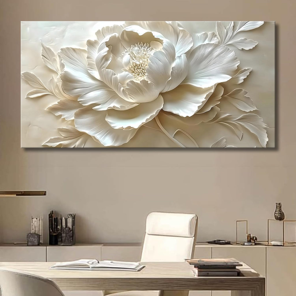 MooMel Large Framed Abstract White Flower Wall Art, Modern Canvas Wall Decor for Living Room Bedroom Dining Room Home Office, 24x48 Inch.