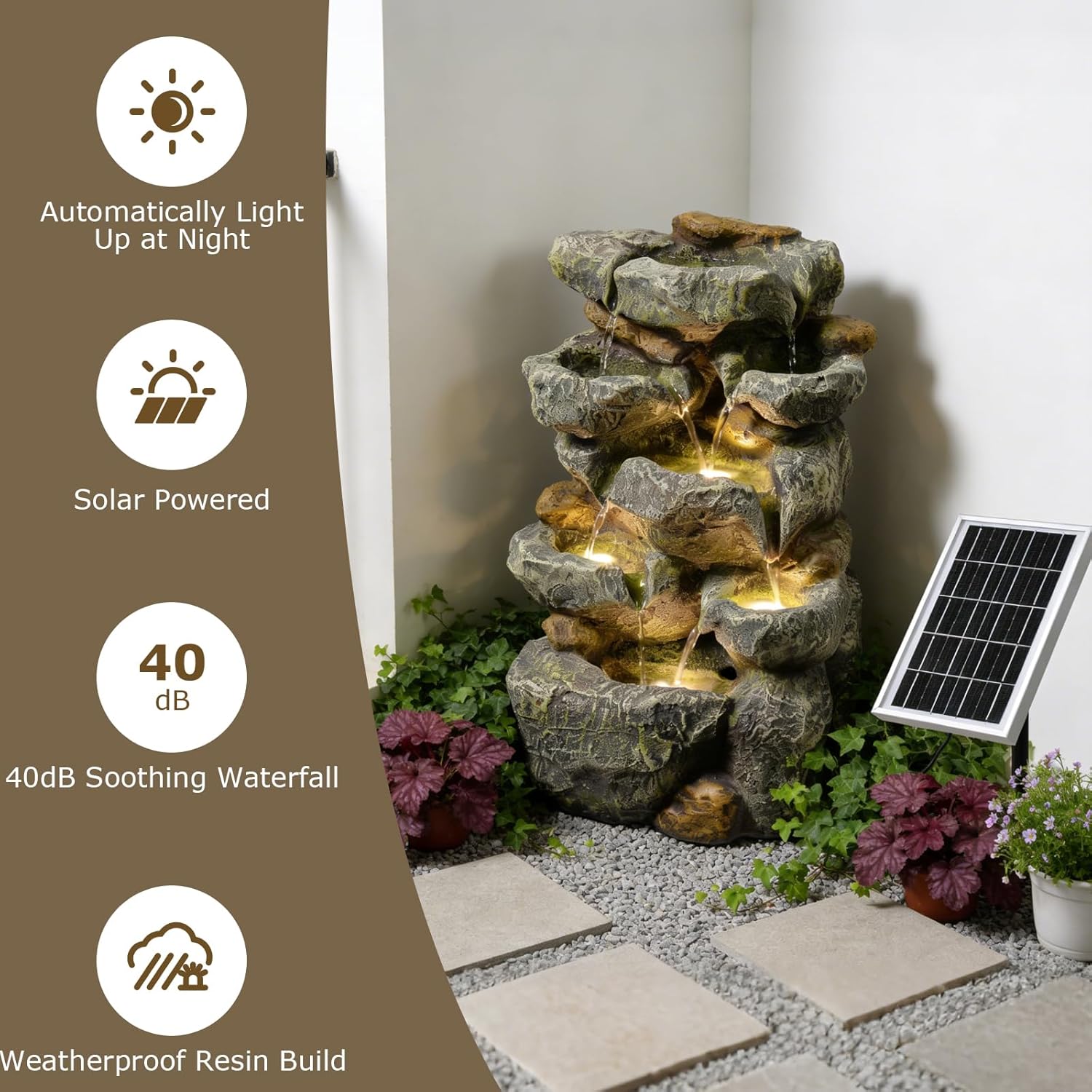 Solar Water Fountain Outdoor Garden,5 Tiered Cascading Rock Solar Powered Water Fountain Water Fall Fountains Outside with Lights for Backyard, Patio, Deck, Porch, 19.3' H x 12.2' L x 9.5' W