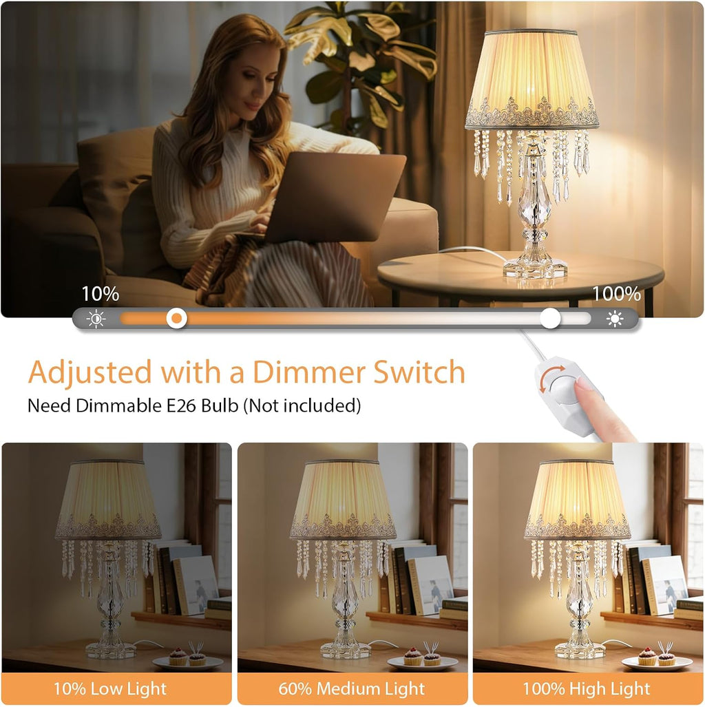Crystal Bedside Table Lamp, Dimmable Table Lamp Set of 2 with Ruched Fabric Lampshade, Elegant Plug-in Chandelier Nightstand Lamp for Living Room Girls Room, W 12.6' X H 22.8'