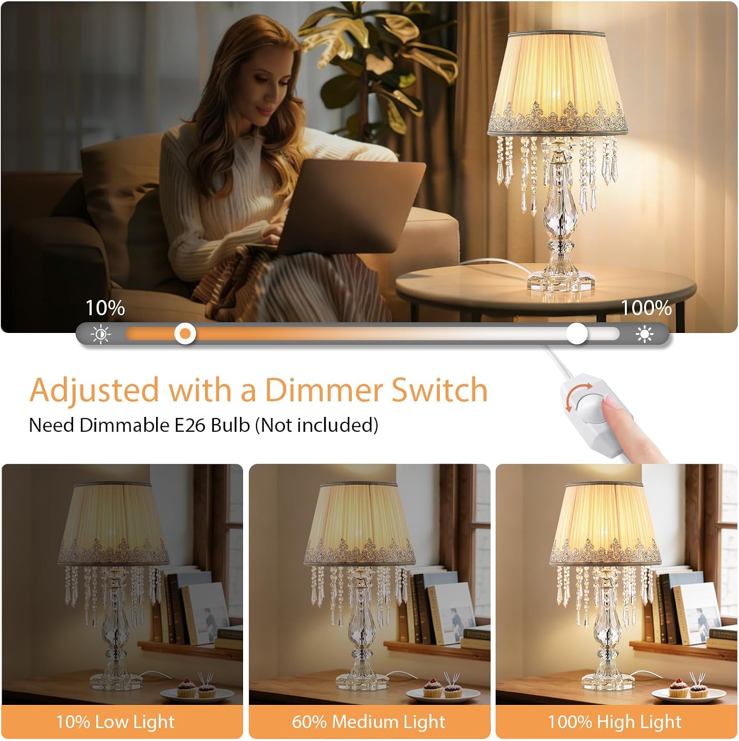 Crystal Bedside Table Lamp, Dimmable Table Lamp Set of 2 with Ruched Fabric Lampshade, Elegant Plug-in Chandelier Nightstand Lamp for Living Room Girls Room, W 12.6' X H 22.8'