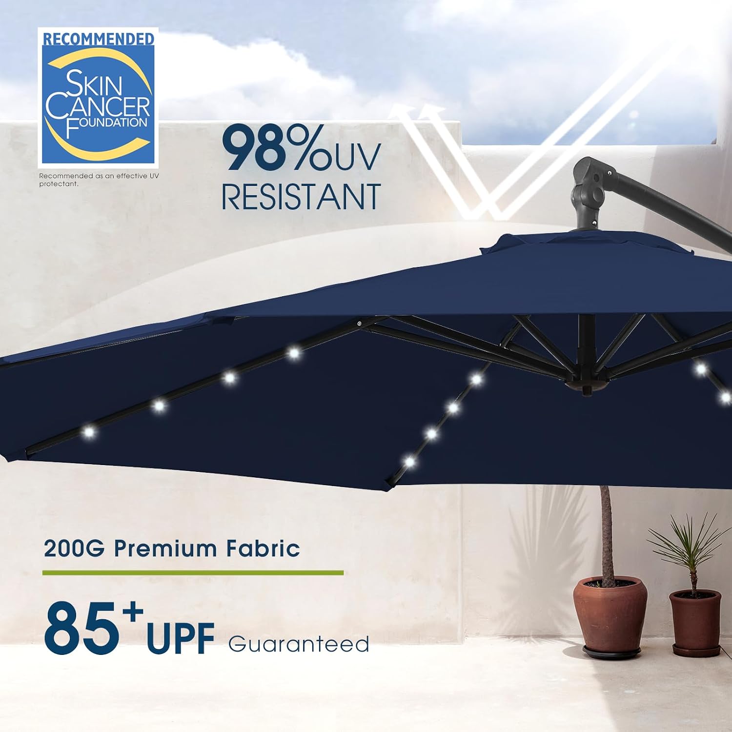 wikiwiki 10FT Solar Patio Offset Umbrella with Base Included, Outdoor Cantilever Umbrella Hanging Umbrellas with Weighted Sandbag Base, Market Patio Umbrella for Backyard, Garden & Deck, Dark Blue