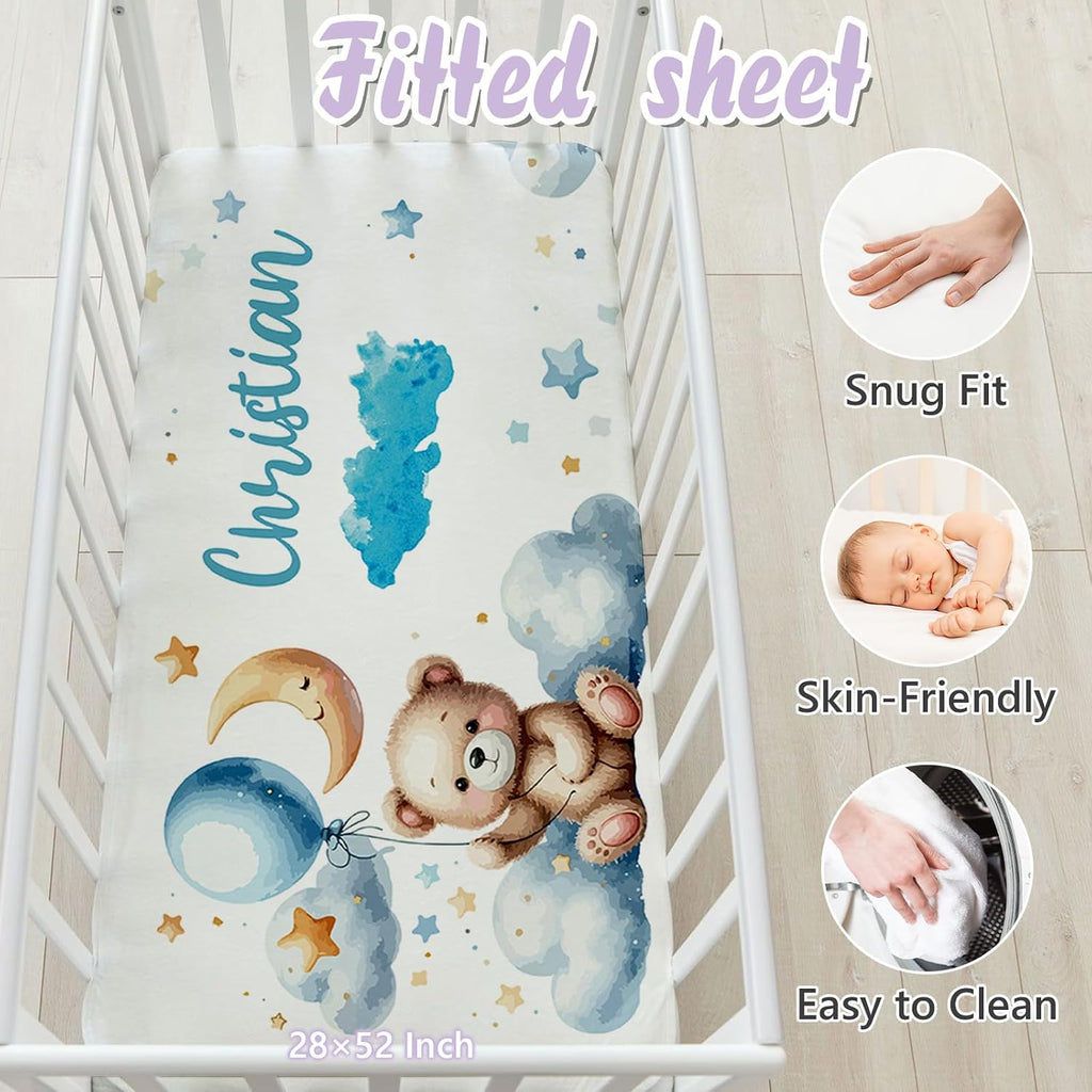 Personalized Baby Crib Bedding Set, 5 Pcs Custom Name Nursery Bedding Set for Girls Boys, Blue Moon Bear Baby Crib Set for Toddlers Infants, Double Layer Bedding Crib Sets Customized Gifts