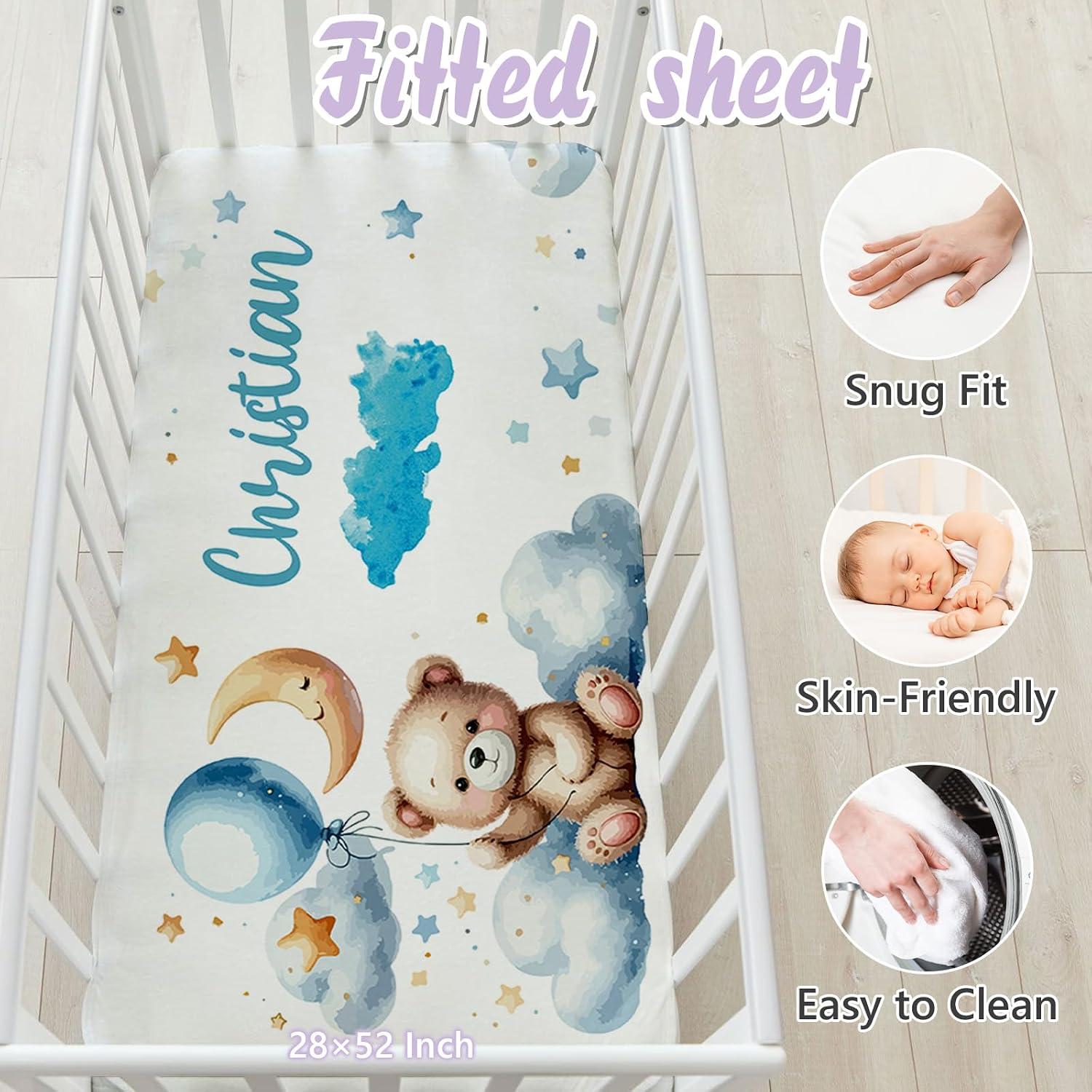 Personalized Baby Crib Bedding Set, 5 Pcs Custom Name Nursery Bedding Set for Girls Boys, Blue Moon Bear Baby Crib Set for Toddlers Infants, Double Layer Bedding Crib Sets Customized Gifts