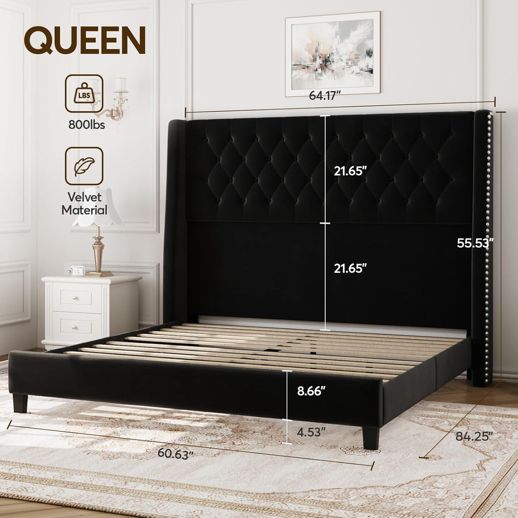 Queen Bed Frame with 55' Tall Headboard, Upholstered Black Bed Frame Queen, Soft Fabric, Button Tufted Headboard with Windback, Platform Bed, Noise-Free, No Box Spring Needed