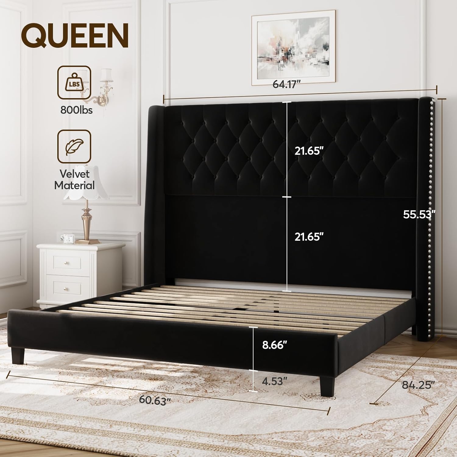 Queen Bed Frame with 55' Tall Headboard, Upholstered Black Bed Frame Queen, Soft Fabric, Button Tufted Headboard with Windback, Platform Bed, Noise-Free, No Box Spring Needed