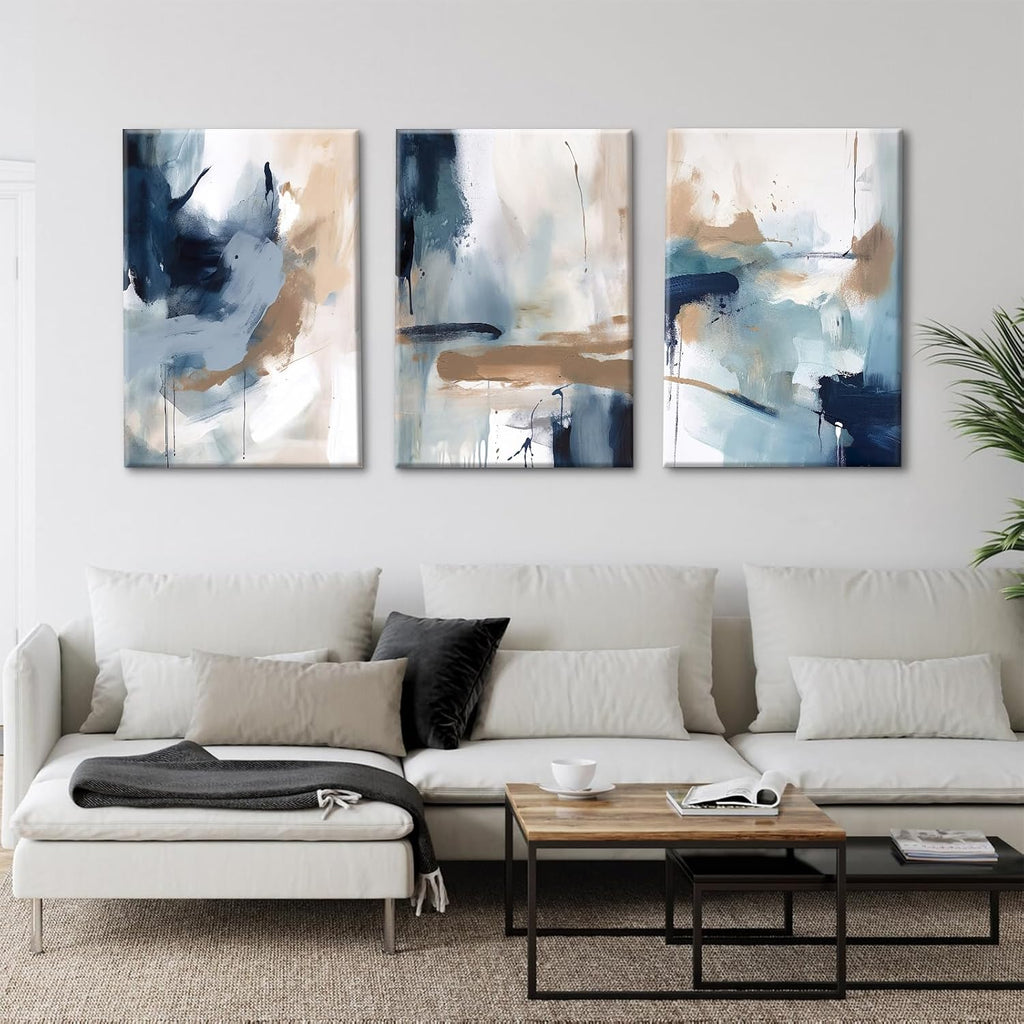 Navy Blue Pictures Wall Art Abstract Modern Painting Canvas Brown Watercolor Wall Art Decor Abstract Blue Poster Minimalist Graffiti Prints Artwork for Living Room 24x36 Inch Set of 3