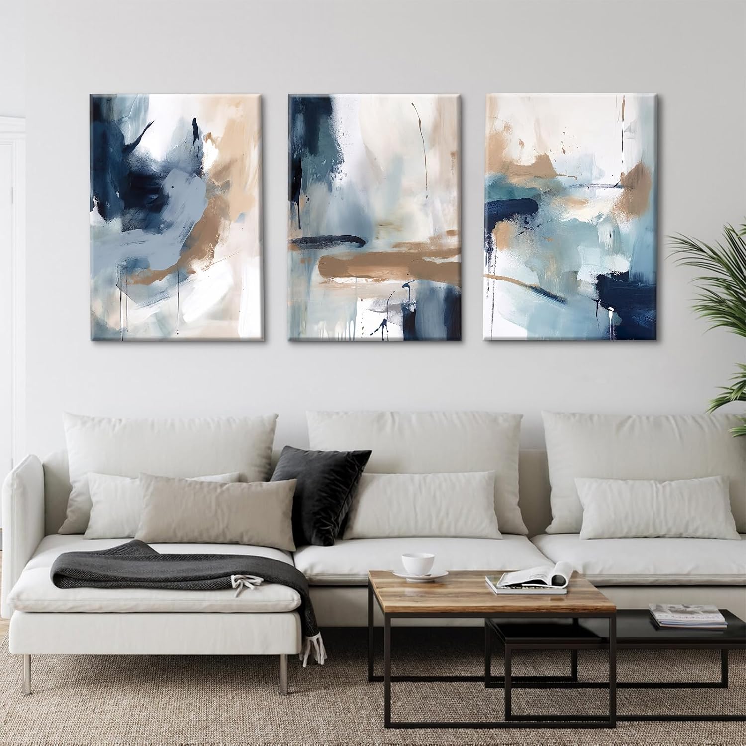 Navy Blue Pictures Wall Art Abstract Modern Painting Canvas Brown Watercolor Wall Art Decor Abstract Blue Poster Minimalist Graffiti Prints Artwork for Living Room 24x36 Inch Set of 3