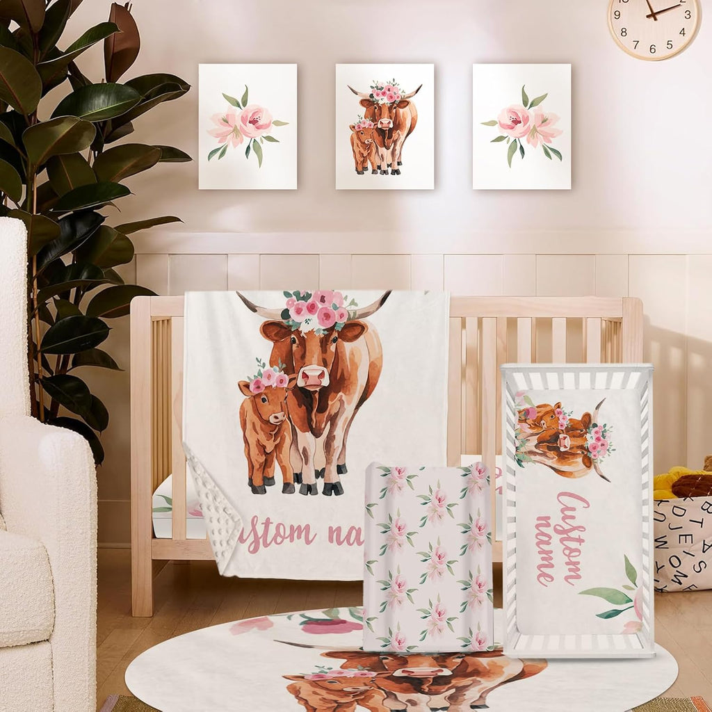 Personalized Nursery Crib Bedding Set: Custom Name Pink Flower 5 Piece Baby Crib Sets with Highland Cow Pattern - Toddler Double Layer Blanket Set, Comfortable Crib Bed Sheets for Baby Grils