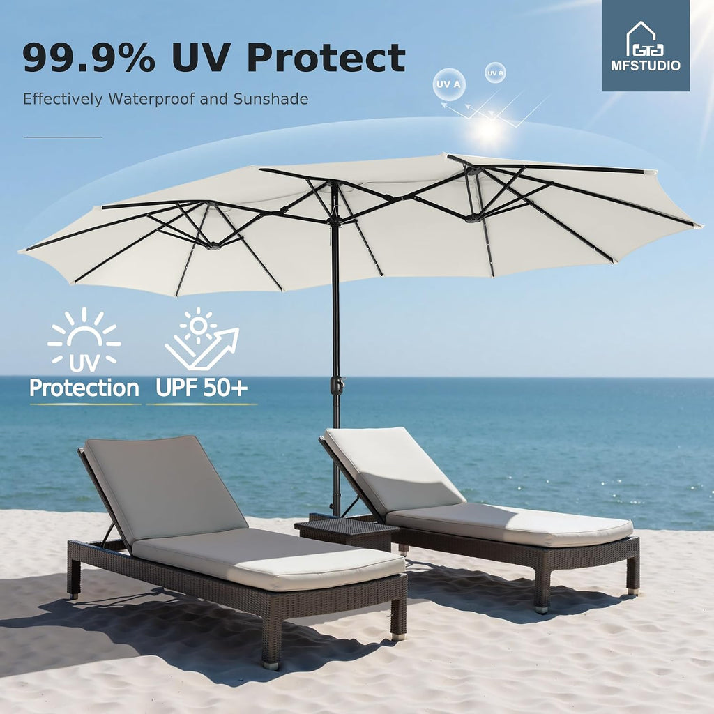 MFSTUDIO 15ft Double Sided Patio Umbrella with Solar Lights, Outdoor Large Umbrellas with Crank Handle and 36 LED Lights, Rectangular Market Umbrella with Base Included for Deck Pool Shade, Ivory