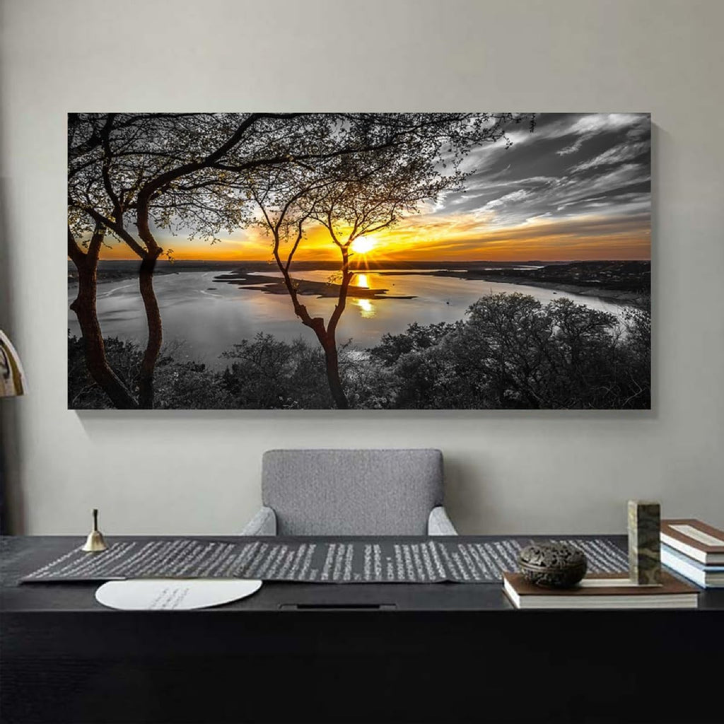 Bamdeya Large Wall Art Living Room Black and White Landscape Tree Canvas Wall Art Lake Print Art Forest Gold Sunset Poster Picture Natural Scenery Painting Bedroom Wall Decor Home Office Decorations