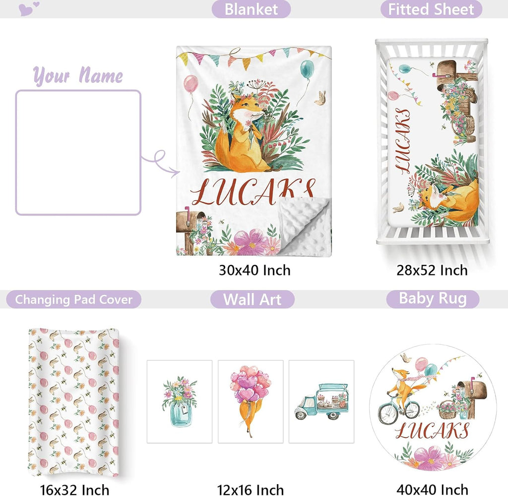 Custom Baby Crib Bedding Set, 5 PCS Personalized Name Baby Crib Sets for Girls Boys, Fox Theme Nursery Bedding Sets for Infant Toddler, Double Layer Flannel Bed Set Customized Gifts