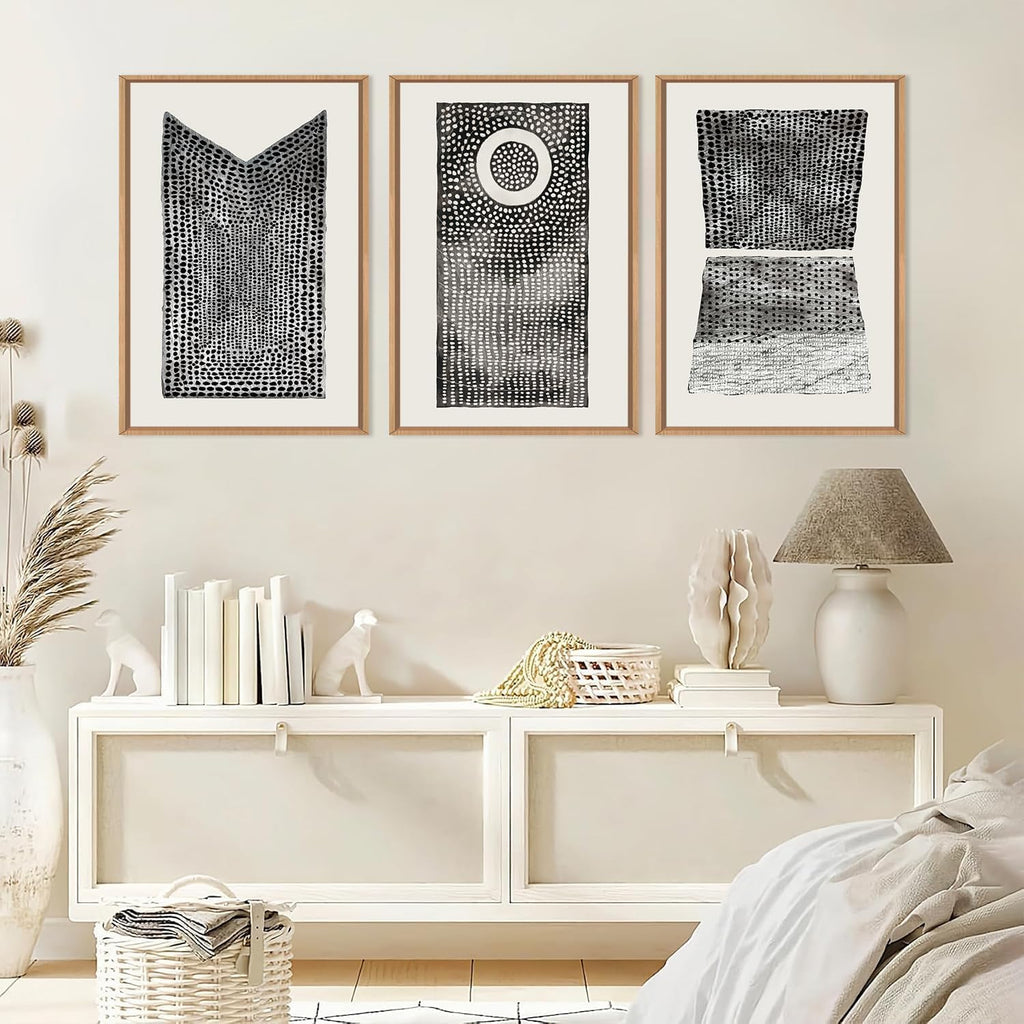 DRACIT Large Abstract Dot Black Pattern Framed Canvas Wall Art Set,Modern Neutral White Circle Wall Decor,Minimalist Black White Geometric Artwork for Living Room,Bedroom,Office-24 x36 x3