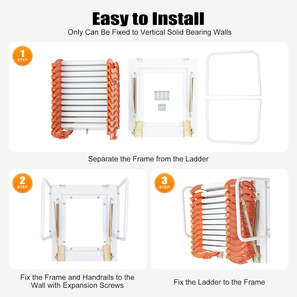 12 Steps Attic Ladder, Wall Mounted Pull Down Loft Steps Folding Stairs, 9.5-10.1Ft Height Aluminum Alloy Narrow Attic Extension Ladder w/Armrests for Basements Warehouses (12,Orang)