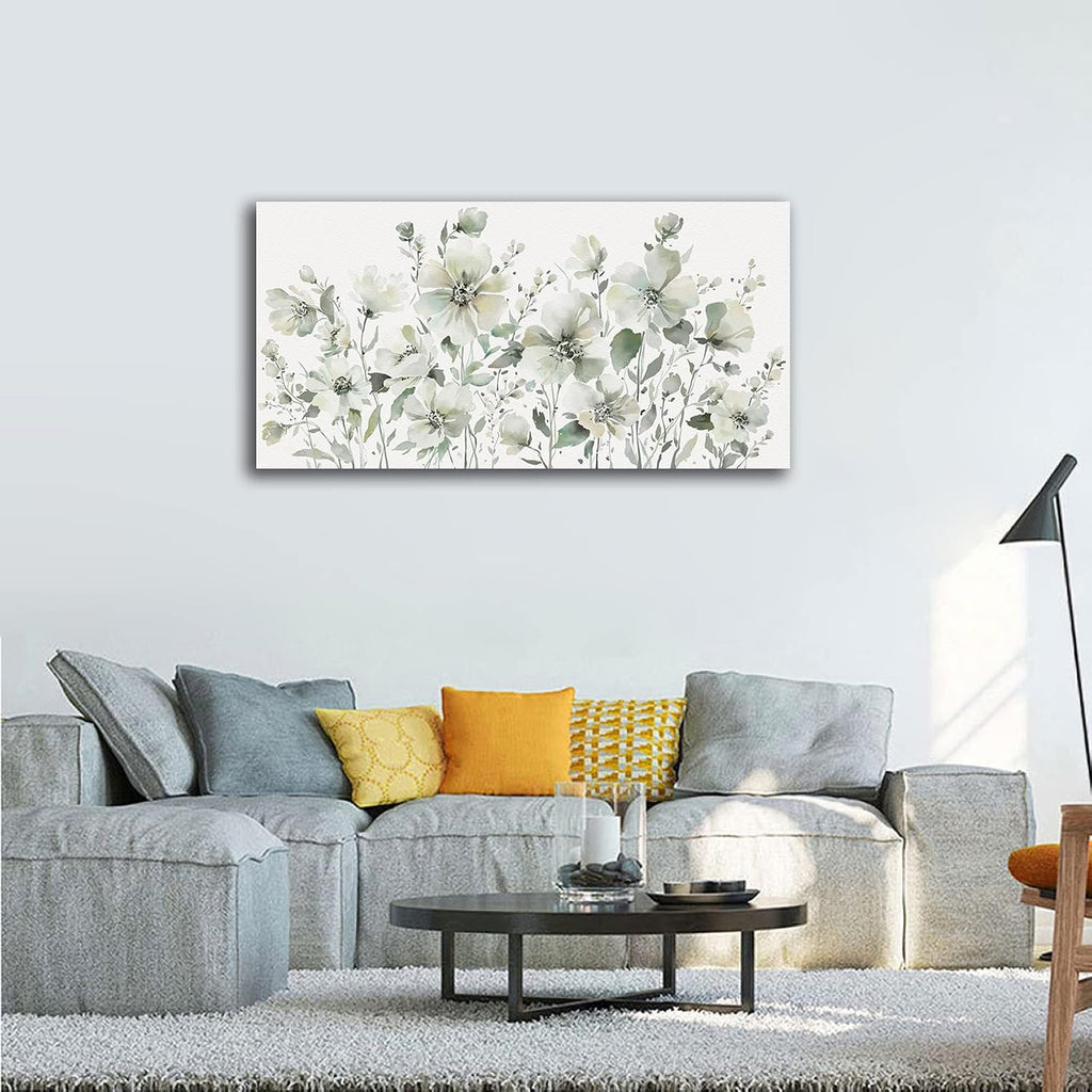 Elegant Flowers Wall Art Abstract Floral Pictures Wall Decor Modern Green Botanical Canvas Painting Flower Blossom Canvas Print Artwork for Living Room Bedroom Office Home Wall Decoration 29' x 58'