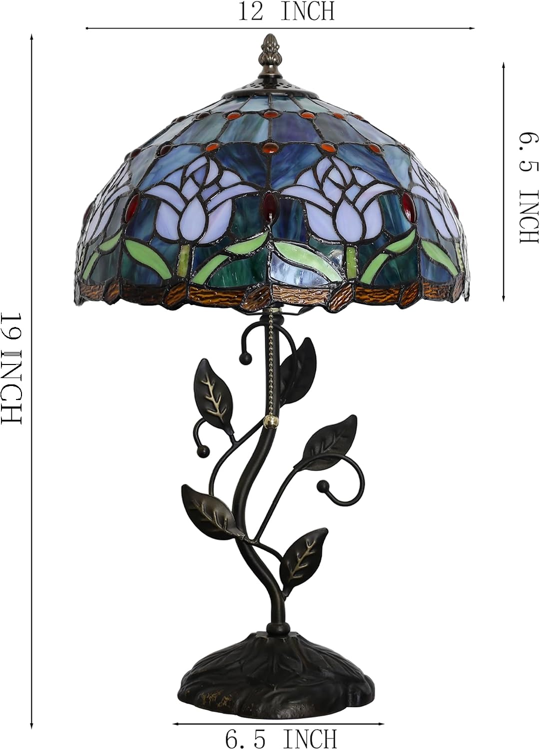 Tiffany Lamp Stained Glass Style Table Lamp Pink Tulips Style Bedside Desk Reading Light W12H19 Inch Metal Leaf Base with Metal Leaf Base