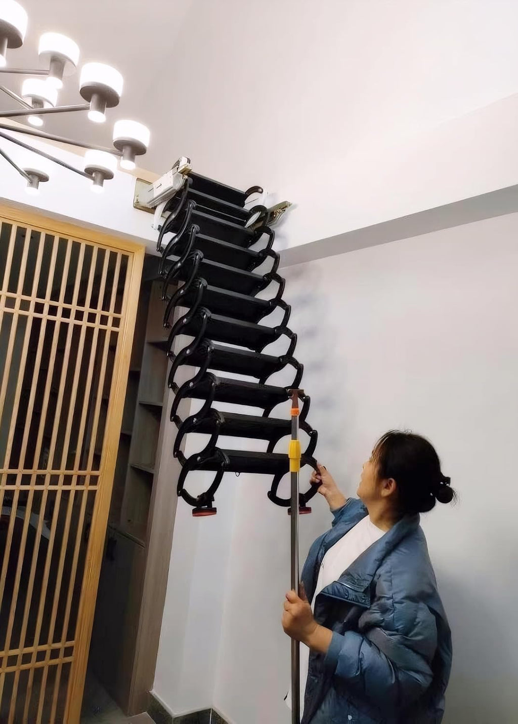 9.8 Feet Attic Ladder Pull Down 12 Steps, Black Aluminum Magnesium Alloy Wall-Mounted Folding Attic Loft Stairs, 660LB Load Capacity