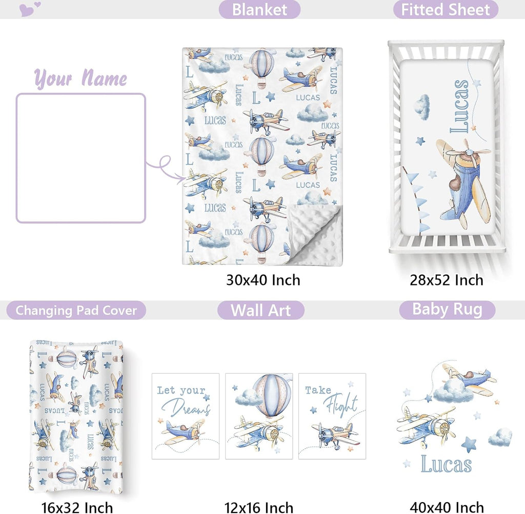 Personalized Baby Crib Bedding Set, 5 Pcs Custom Name Nursery Bedding Set for Girls Boys, Blue Plane Baby Crib Set for Toddlers Infants, Double Layer Bedding Crib Sets Customized Gifts