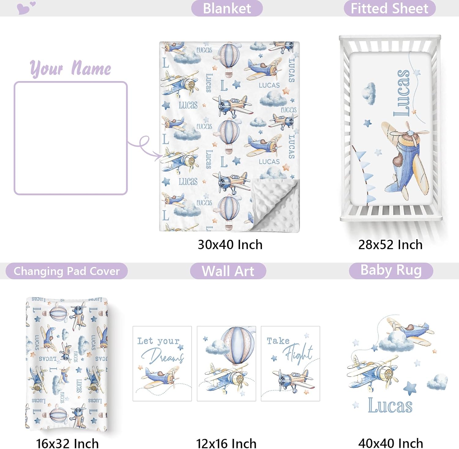 Personalized Baby Crib Bedding Set, 5 Pcs Custom Name Nursery Bedding Set for Girls Boys, Blue Plane Baby Crib Set for Toddlers Infants, Double Layer Bedding Crib Sets Customized Gifts