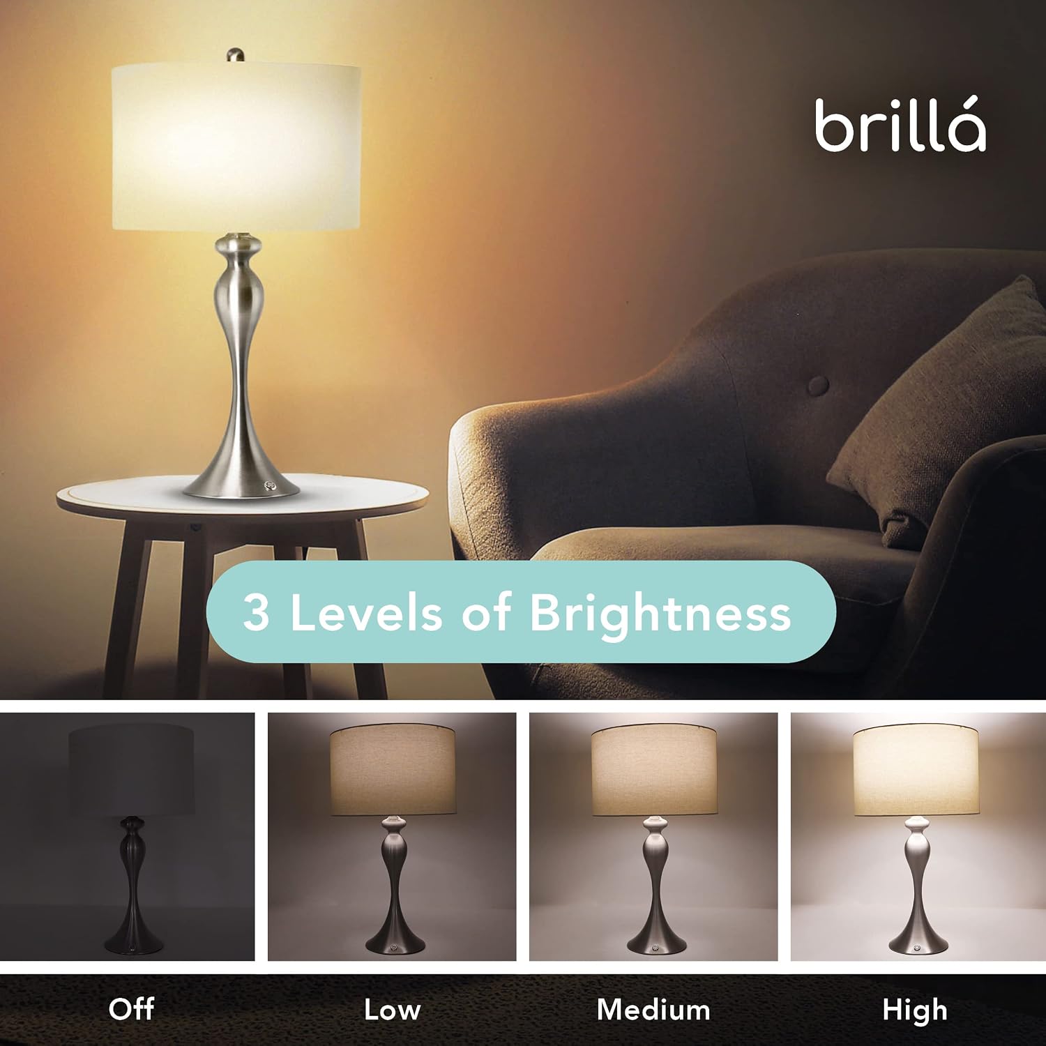 My Magic Carpet Brillá Metal LED Rechargeable Lamp - Battery Operated Desk Light with Built in Battery - Cordless LED Table Lamp for Home - Wireless Lantern for Office, Bedroom, & Living Room (25.5')