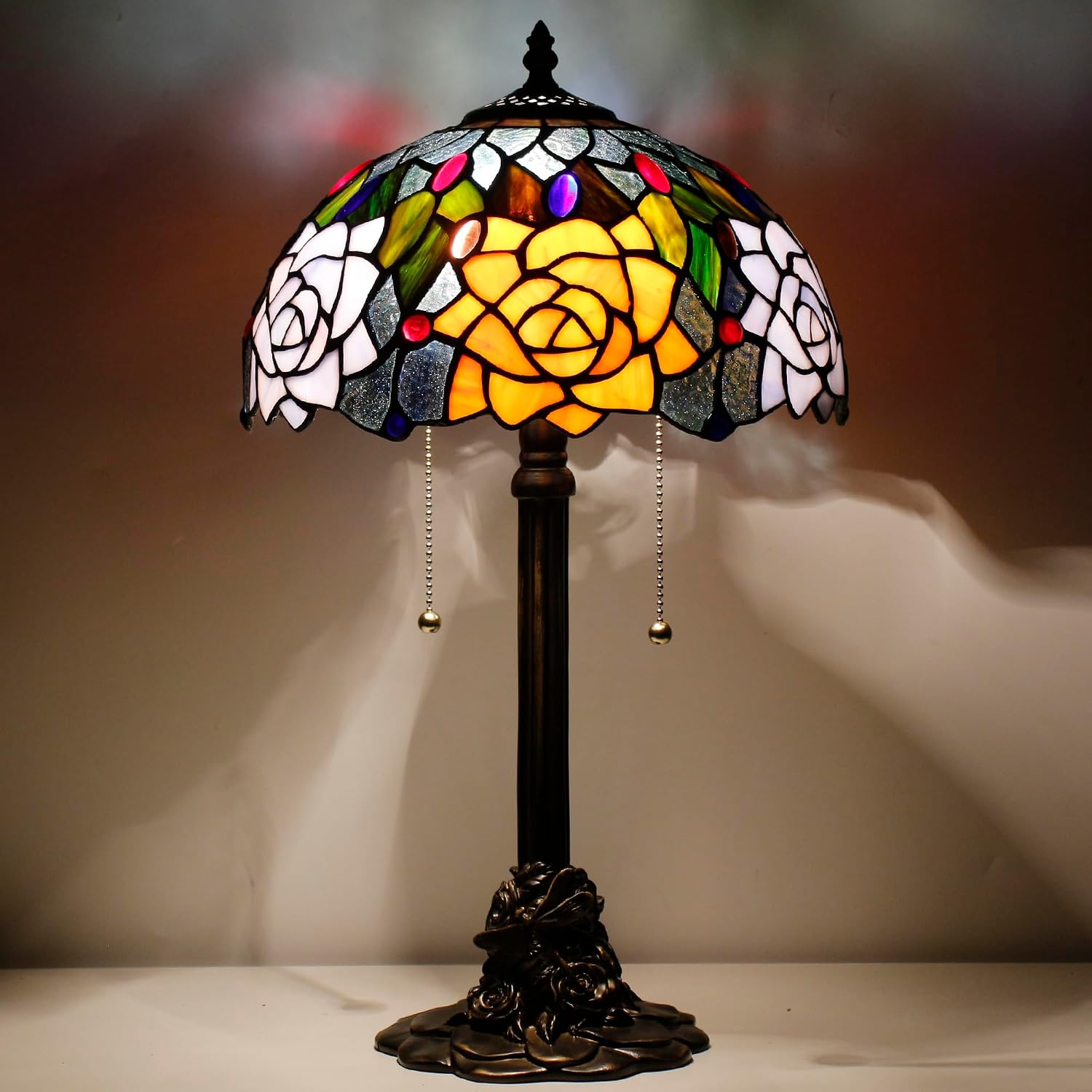 Tiffany Table Lamp Stained Glass Desk Lamp 12X12X21Inch Resin Base for Bedroom Living Room Reading Light (Purple Orange Rose Flower)