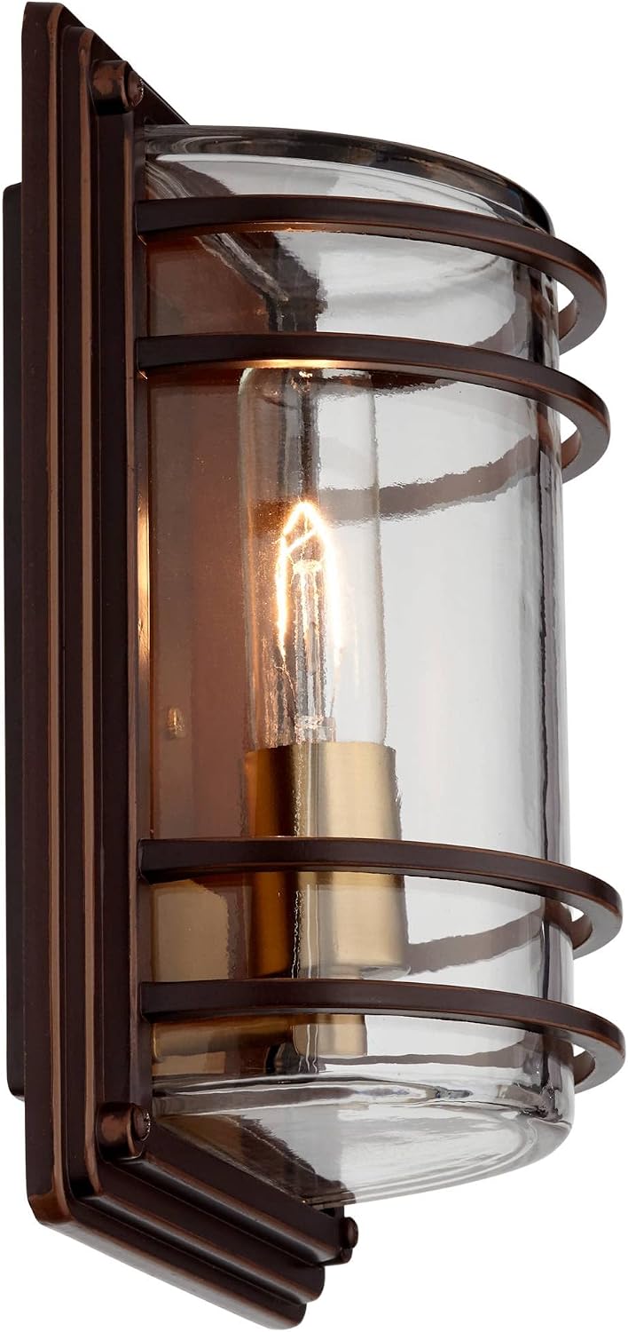 John Timberland Habitat Rustic Industrial Outdoor Wall Light Fixtures Set of 2 Bronze Warm Brass 11' Clear Glass for Post Exterior Barn Deck House Porch Yard Patio Outside Garage Front Door