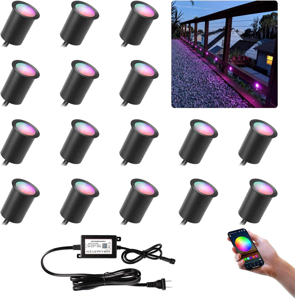 Wi-Fi Smart LED Outdoor Deck Lights, RGB Φ1.18in Low Voltage 12V DC IP67 Waterproof, Timer Voice Music Color Changing, Compatible with Aleax Google Assistant, Stair Step Lighting 16 Pack Black