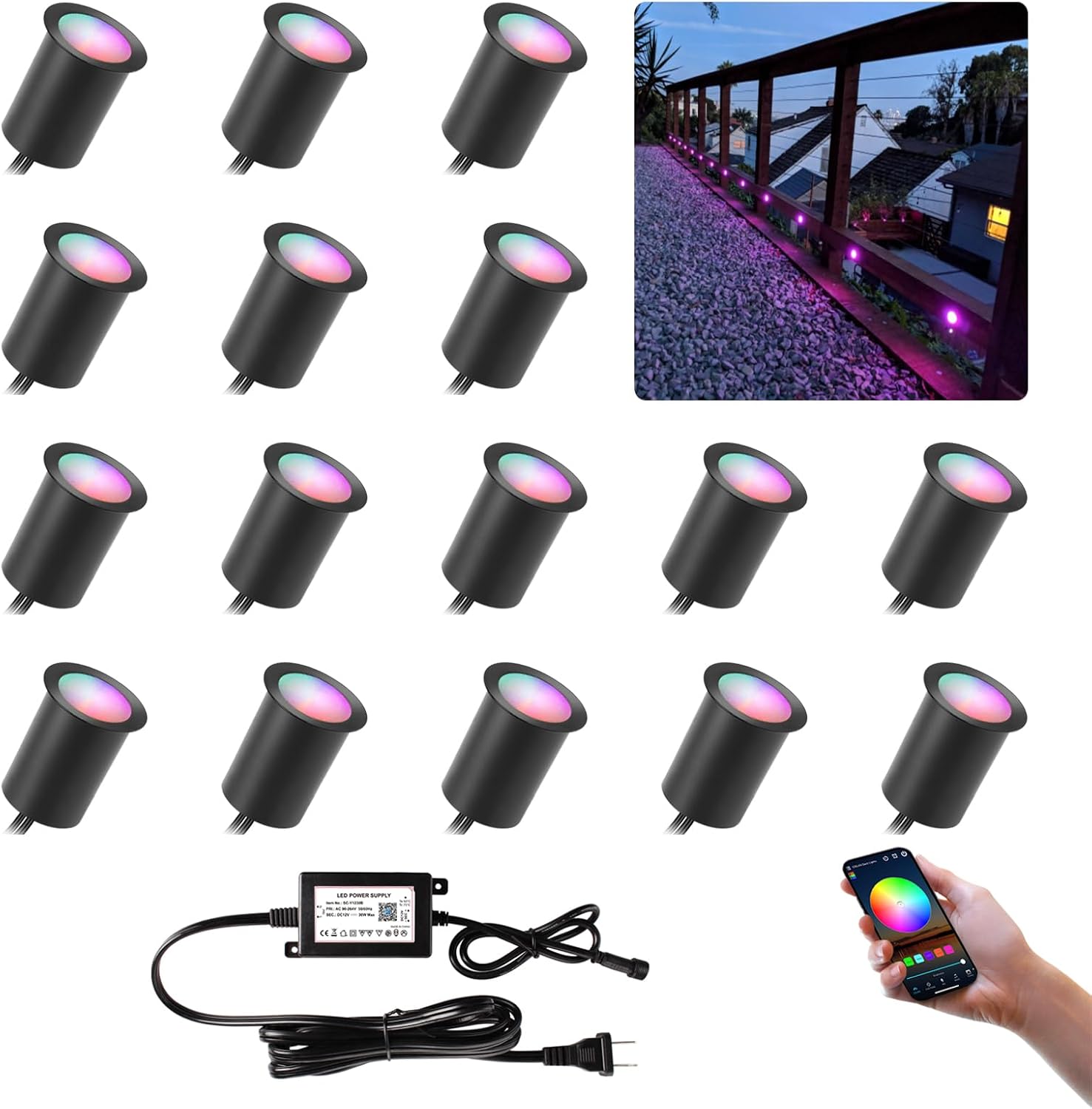 Wi-Fi Smart LED Outdoor Deck Lights, RGB Φ1.18in Low Voltage 12V DC IP67 Waterproof, Timer Voice Music Color Changing, Compatible with Aleax Google Assistant, Stair Step Lighting 16 Pack Black