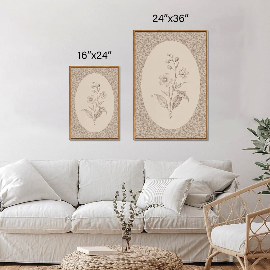 Rantodecor Vintage Flower Framed Canvas Wall Art Triptych, Rustic Floral Wall Decor, Retro Sketch Botanical Art Paintings, Antique French Cottage Artwork for Girls Bedroom Living Room Bathroom 24'x36'