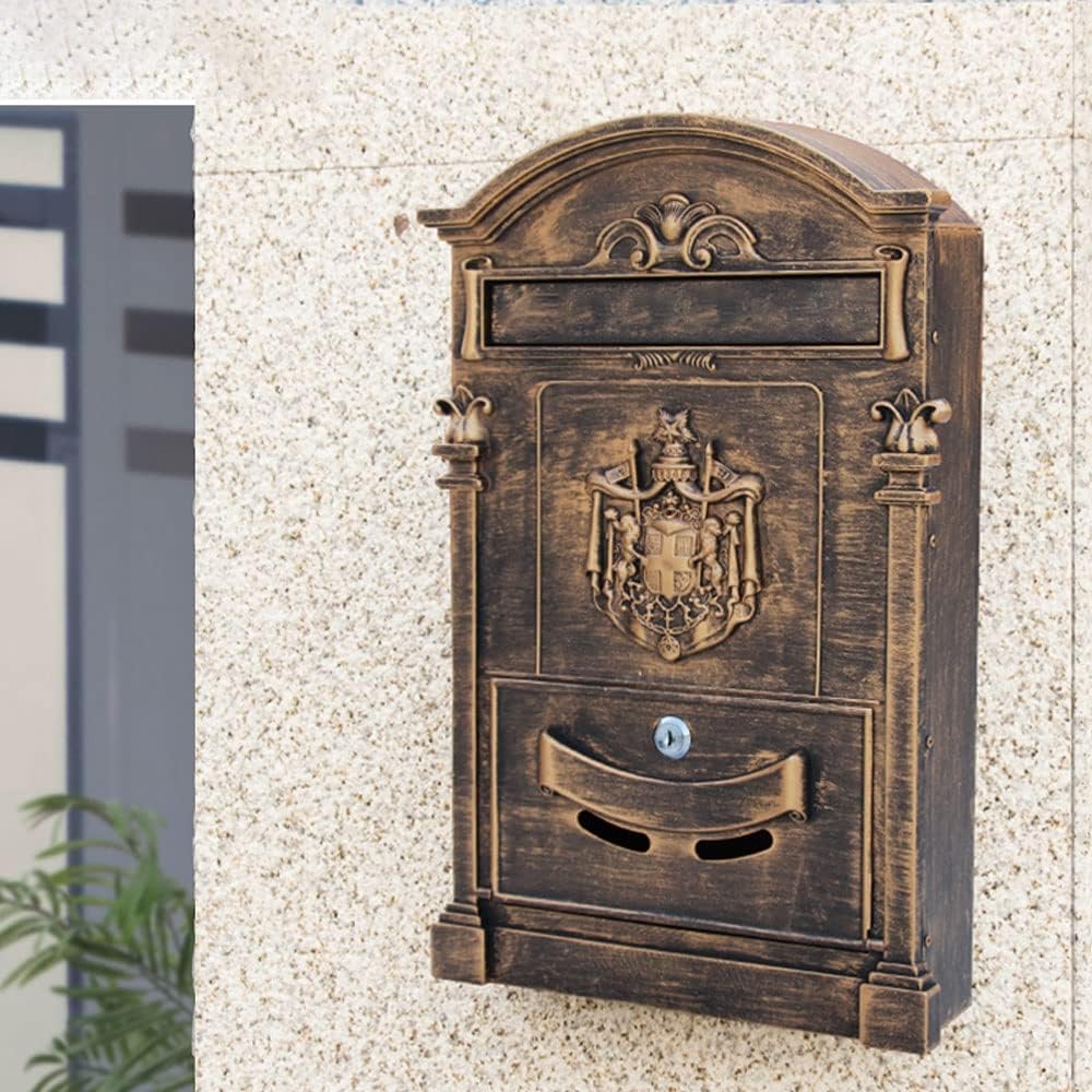 Mailbox Wall Mount, Secure Mail Box with Key Lock, Large Capacity Locking Mailbox for Outside, Rust-Proof Metal Post Box (Gray : Gold)