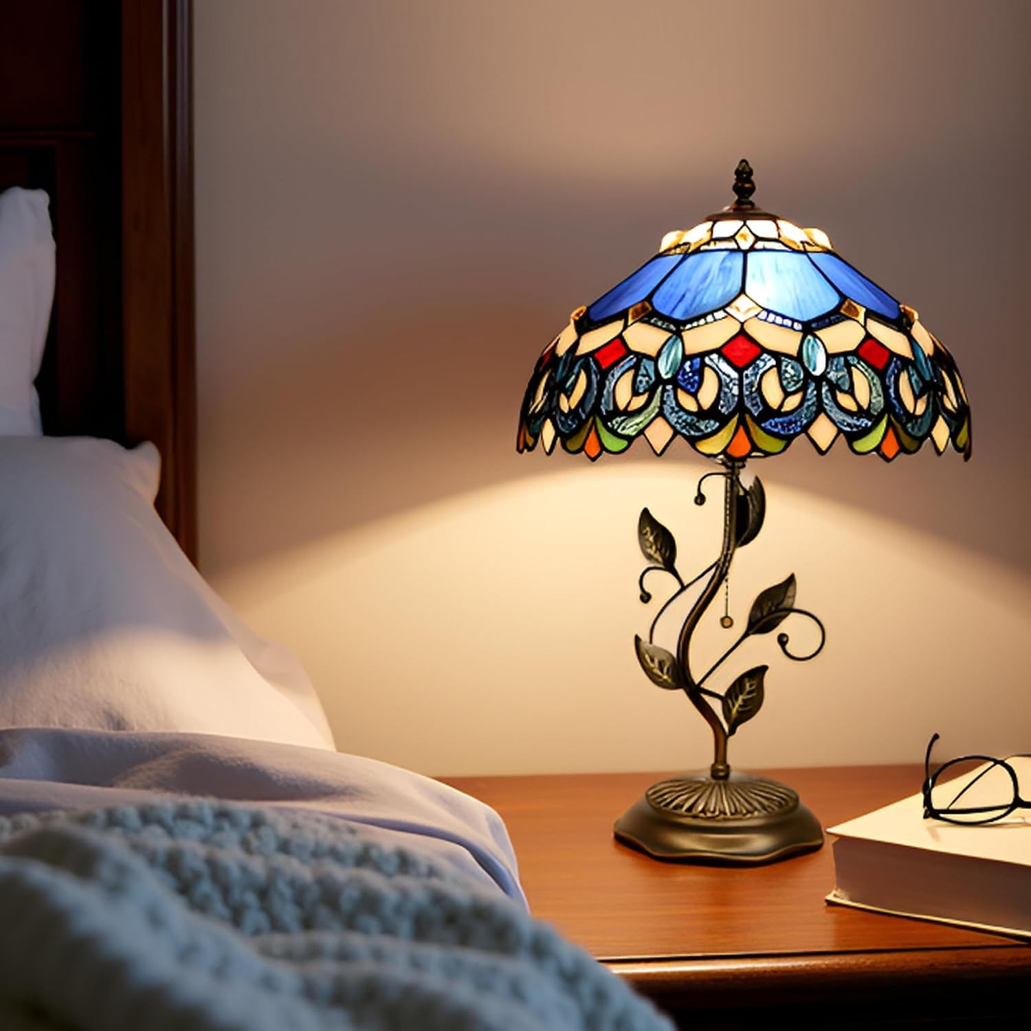 Tiffany Table Lamp, Stained Glass Style Desk Lamp, 12X12X19 Inch,Bedside Reading Light, Metal Leaf Base(Blue Baroque)