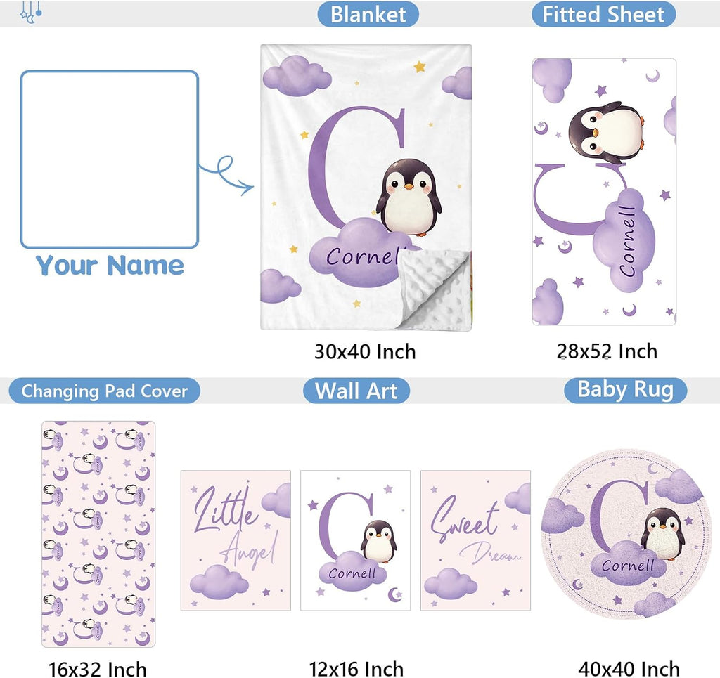 KAINSY Custom Crib Bedding Set, 5 Pcs Personalized Name Monogram Baby Crib Sets for Infants Toddlers, Purple Penguin Nursery Bedding Set for Boys Girls, Double Layer Baby Bedding Sets Customized Gifts