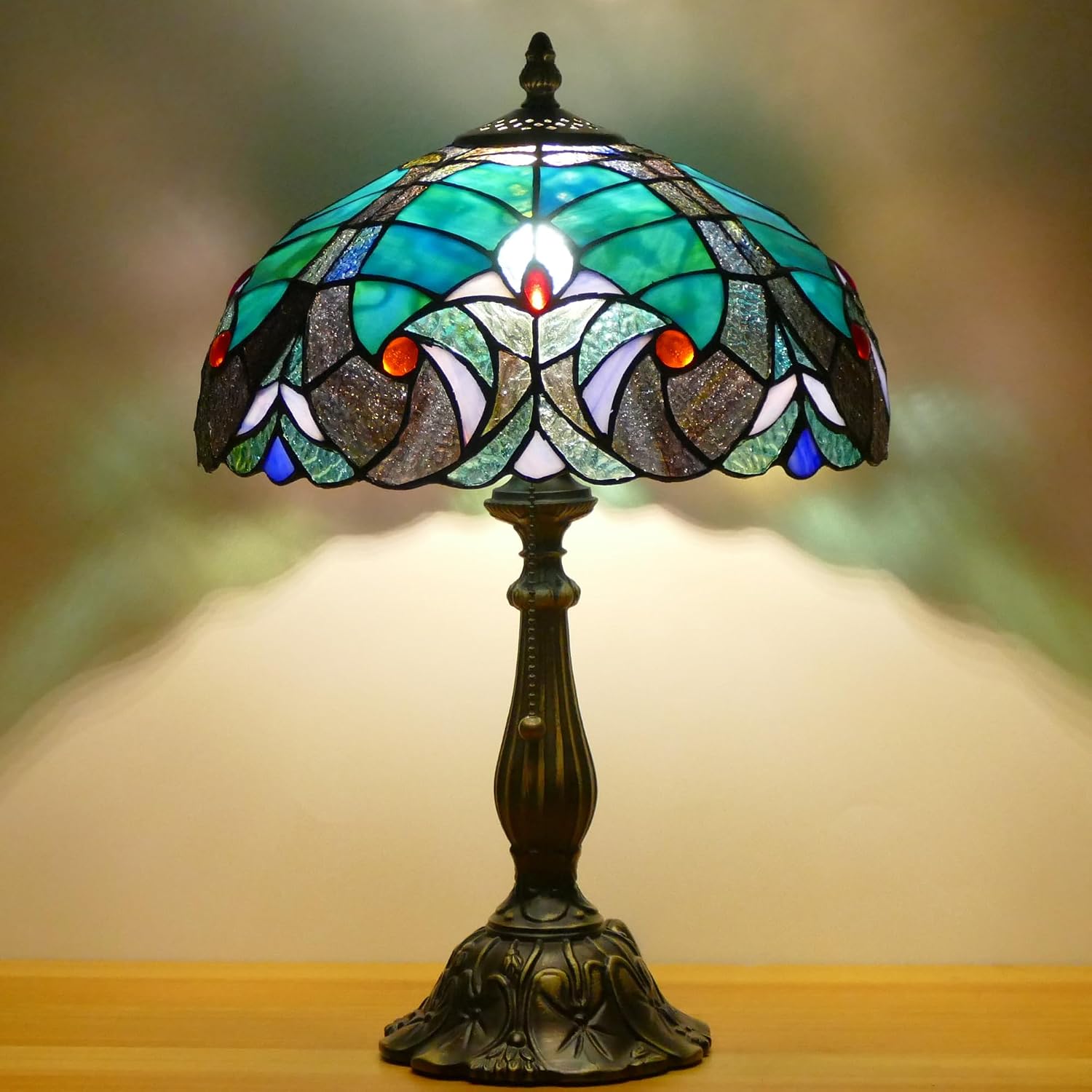 Tiffany Lamp Stained Glass Table Lamp Antique Bedside Reading Light W12H19 Inches (Green Liaison)