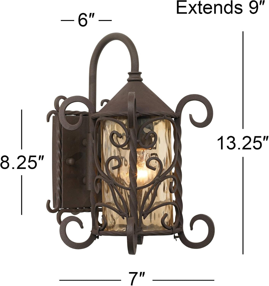 John Timberland Casa Seville Rustic Outdoor Wall Light Fixture Dark Walnut Scroll 13 1/4' Champagne Hammered Glass for Exterior House Porch Patio Outside Deck Garage Yard Front Door Garden Home