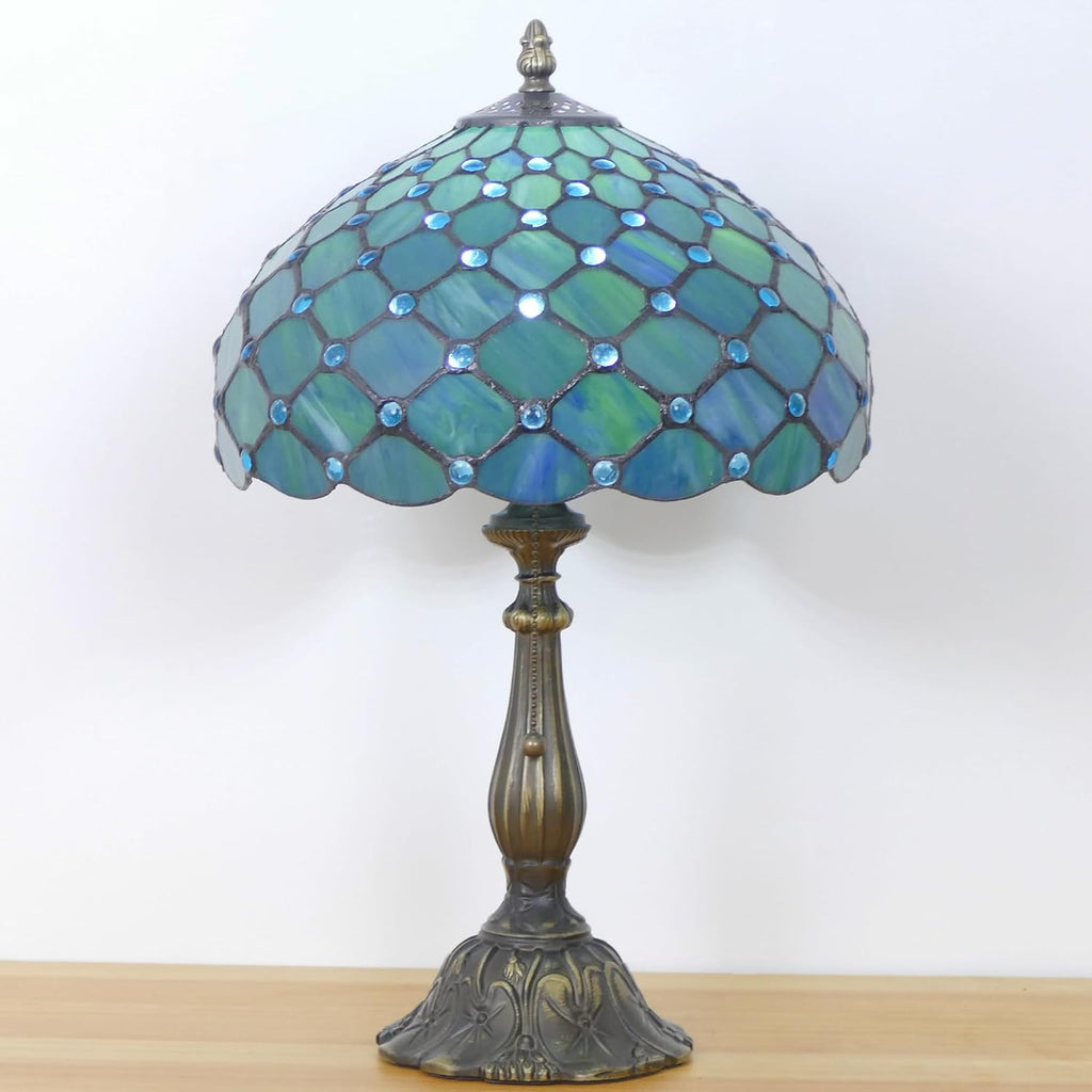 Tiffany Lamp Stained Glass Table Lamp Antique Bedside Reading Light W12H19 Inches (Sea Blue Pearl)