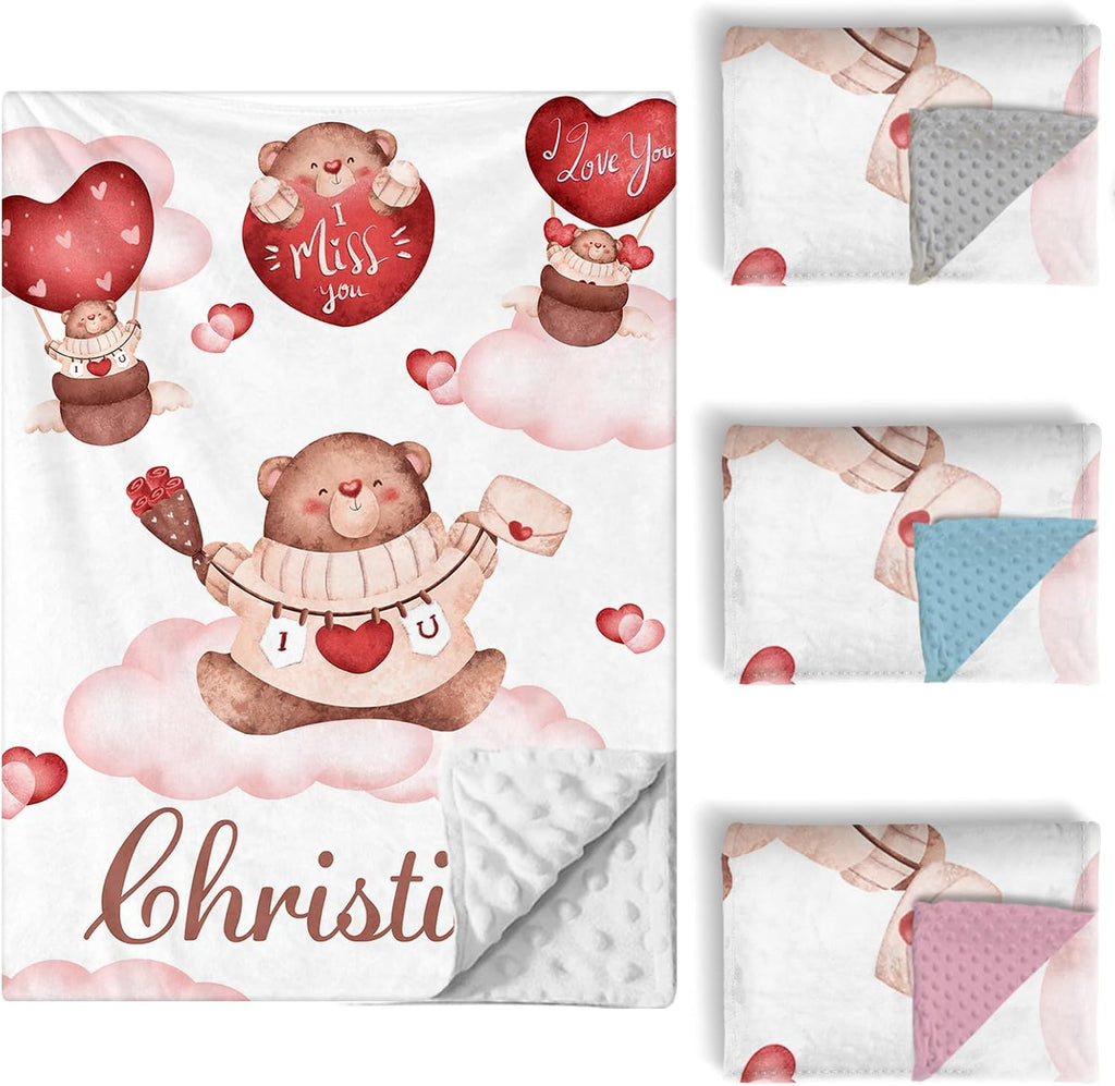 Custom Baby Crib Bedding Set, 5 PCS Personalized Name Baby Crib Sets for Girls Boys, Lovely Bear Theme Nursery Bedding Sets for Infant Toddler, Double Layer Flannel Bed Set Customized Gifts