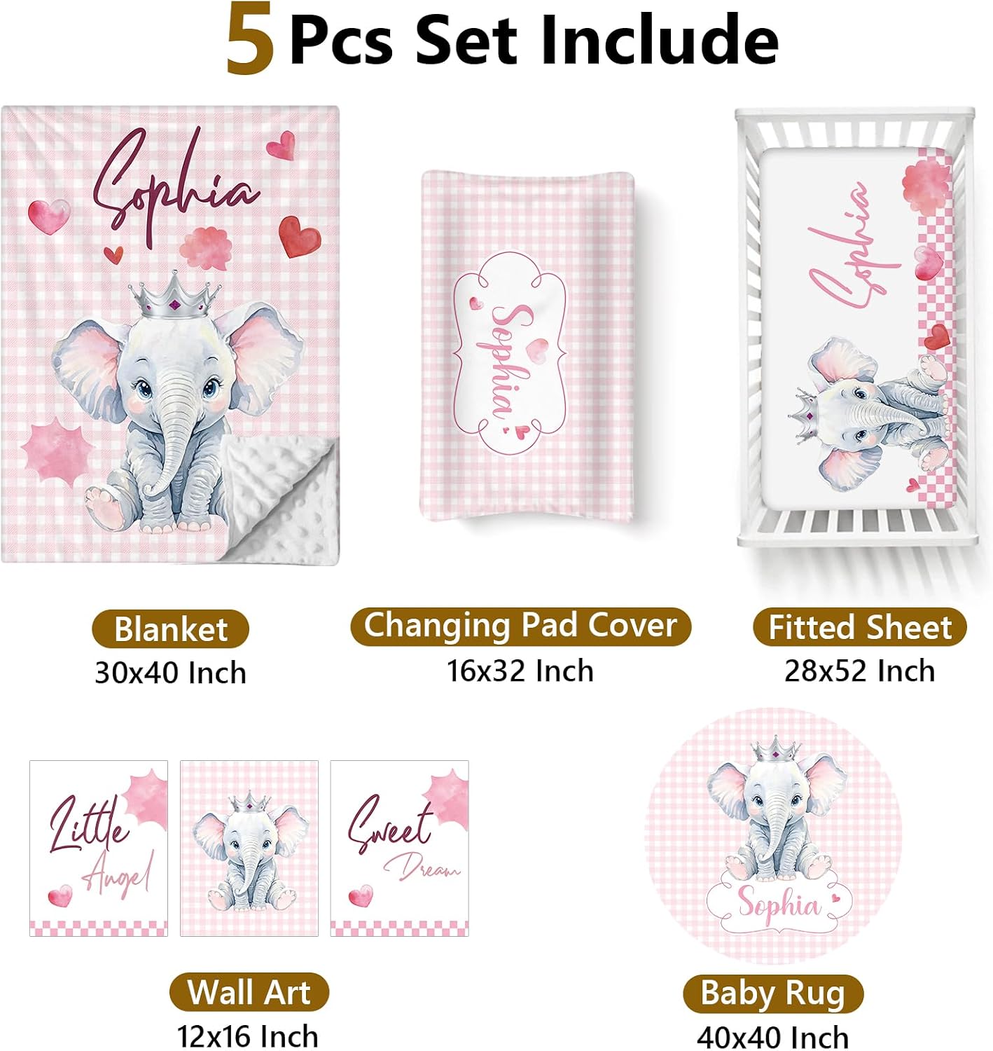 Terwex Personalized 5-Piece Baby Crib Bedding Set - Custom Name Nursery Set for Girls Boys, Soft Toddler Crib Set for Infant, Customized Gift, Pink Cute Elephant