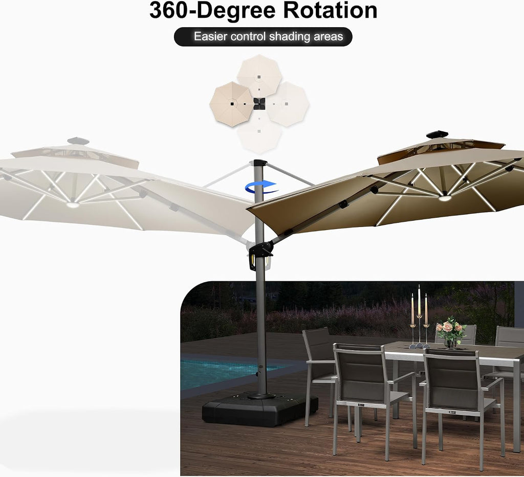 PURPLE LEAF 12ft Solar powered LED Patio Umbrella Outdoor Round Umbrellas Large Cantilever Umbrellas with LED lights Windproof Offset Umbrella Heavy Duty Sun Umbrella for Garden Deck Pool Patio, Beige