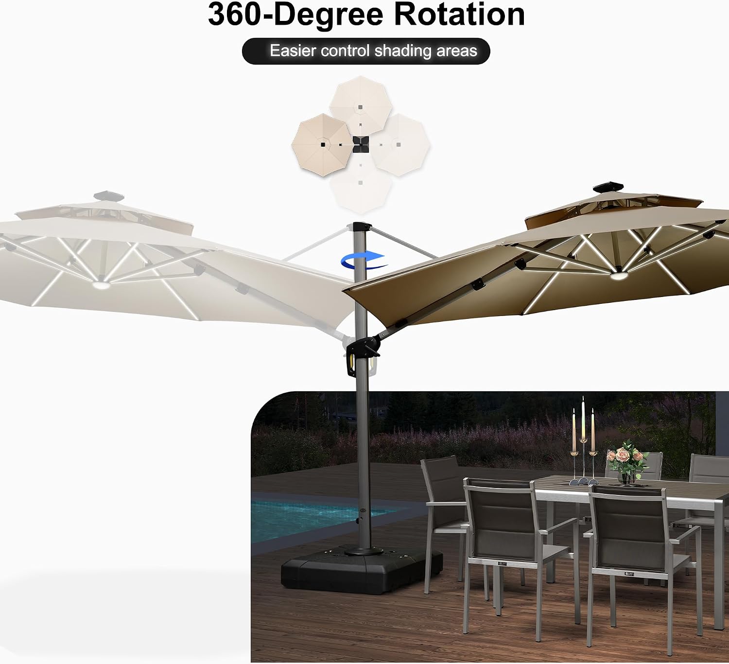 PURPLE LEAF 12ft Solar powered LED Patio Umbrella Outdoor Round Umbrellas Large Cantilever Umbrellas with LED lights Windproof Offset Umbrella Heavy Duty Sun Umbrella for Garden Deck Pool Patio, Beige