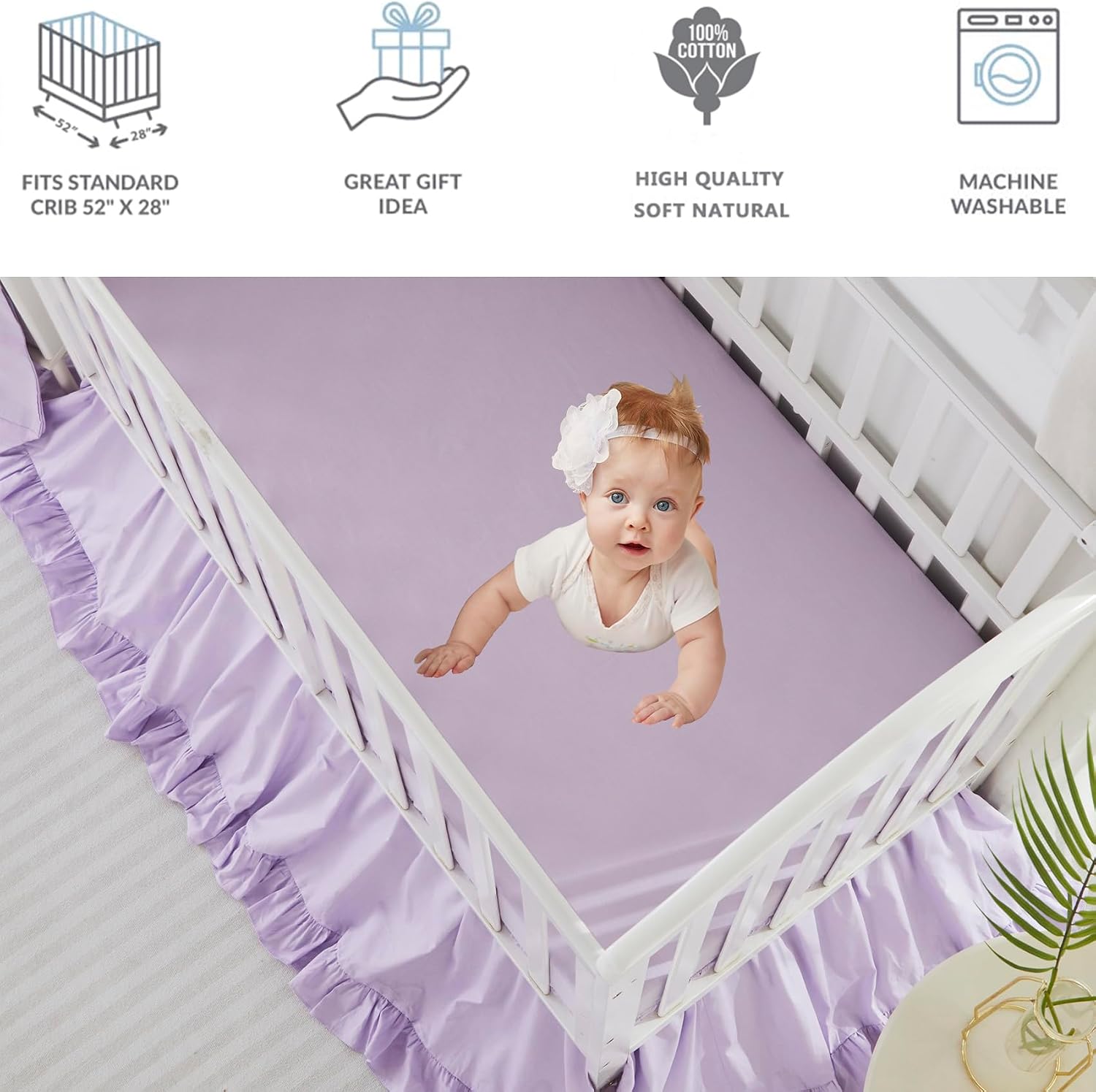 Brandream Farmhouse Crib Bedding Sets for Girls | 3 Piece Boho Chic Nursery Set Purple Baby Comforter, Fitted Crib Sheet, Crib Skirt Included, 100% Percale Cotton