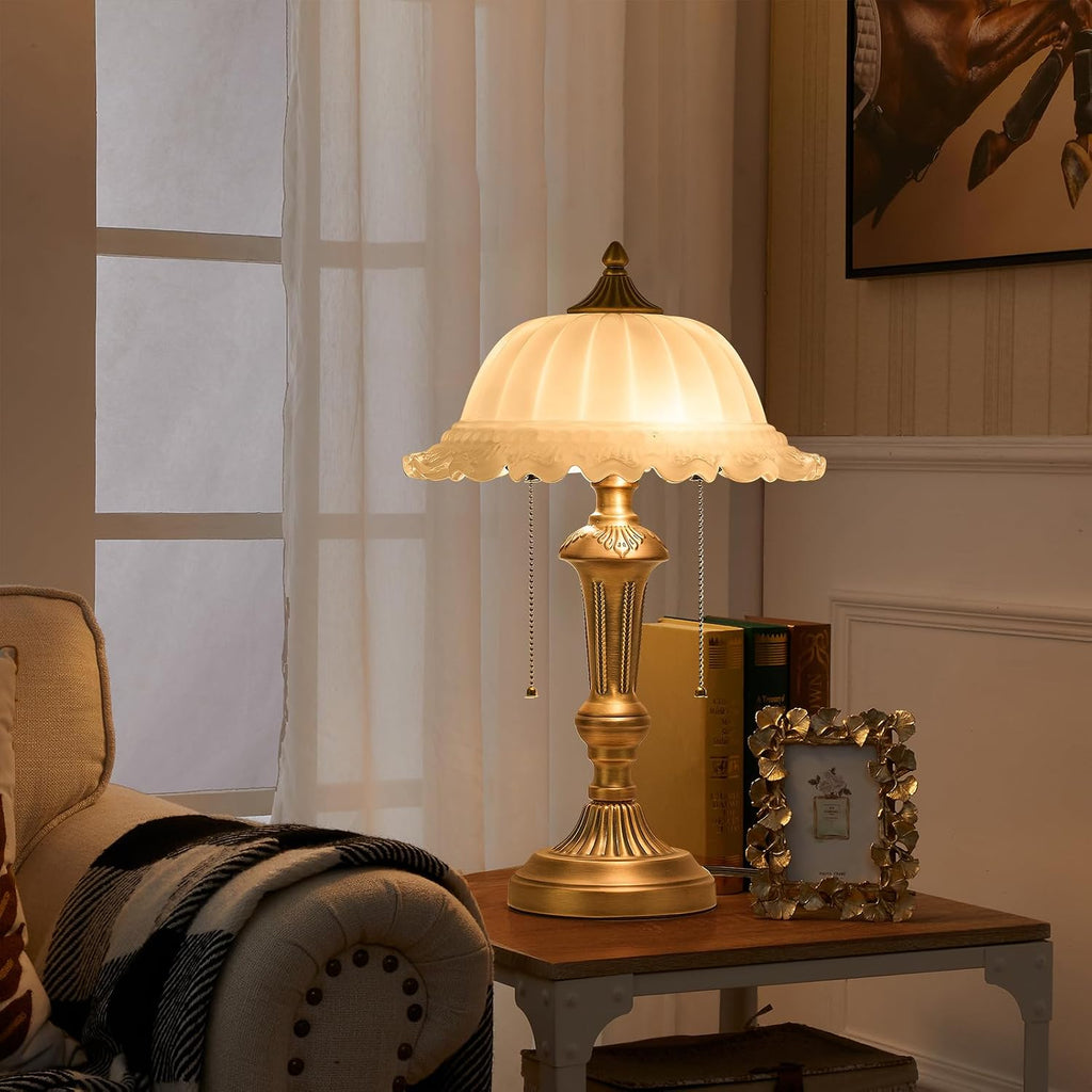 HDDFL Glass Shade Table Lamp 2 Lights Vintage Metal Desk Lamp with Plug Switch for Bedroom Living Room Home Office Brass and White