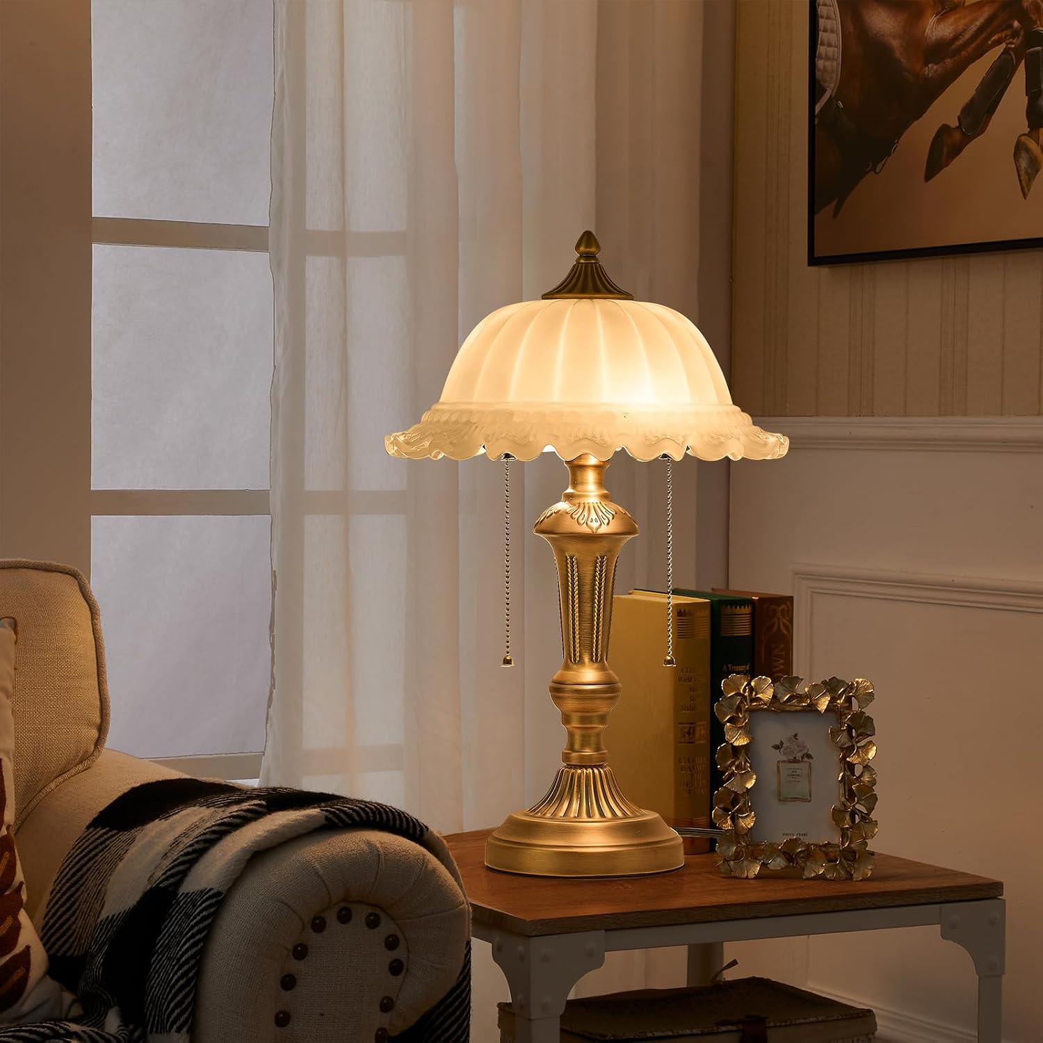 HDDFL Glass Shade Table Lamp 2 Lights Vintage Metal Desk Lamp with Plug Switch for Bedroom Living Room Home Office Brass and White