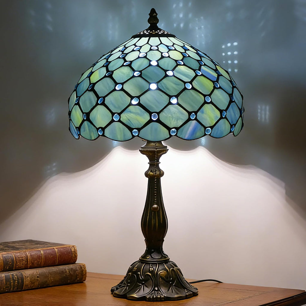 Tiffany Lamp Stained Glass Table Lamp Antique Bedside Reading Light W12H19 Inches (Sea Blue Pearl)