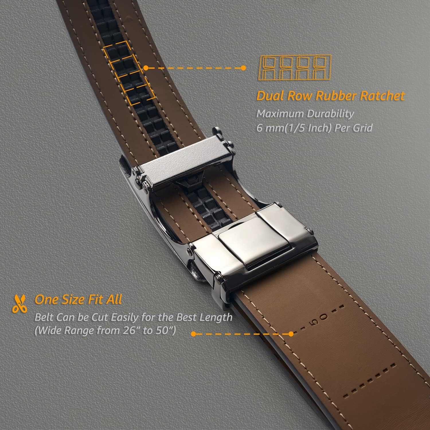 Ratchet Belt for Men, Genuine Leather Adjustable Click Dress Belt with Slide Buckle, Trim to Fit, Gift Box Included