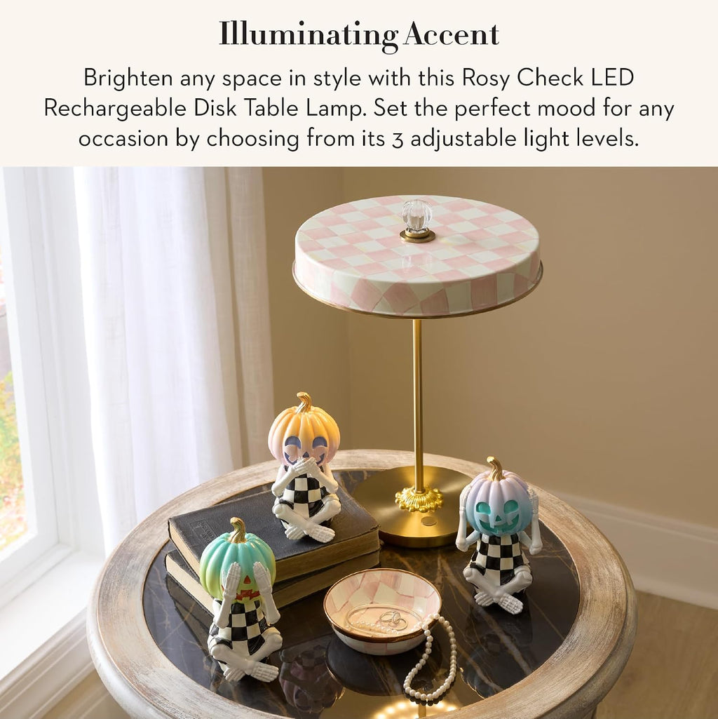 MACKENZIE-CHILDS LED Rechargeable Disk Table Lamp, Cordless Touch Lamp, Pink-and-White Rosy Check