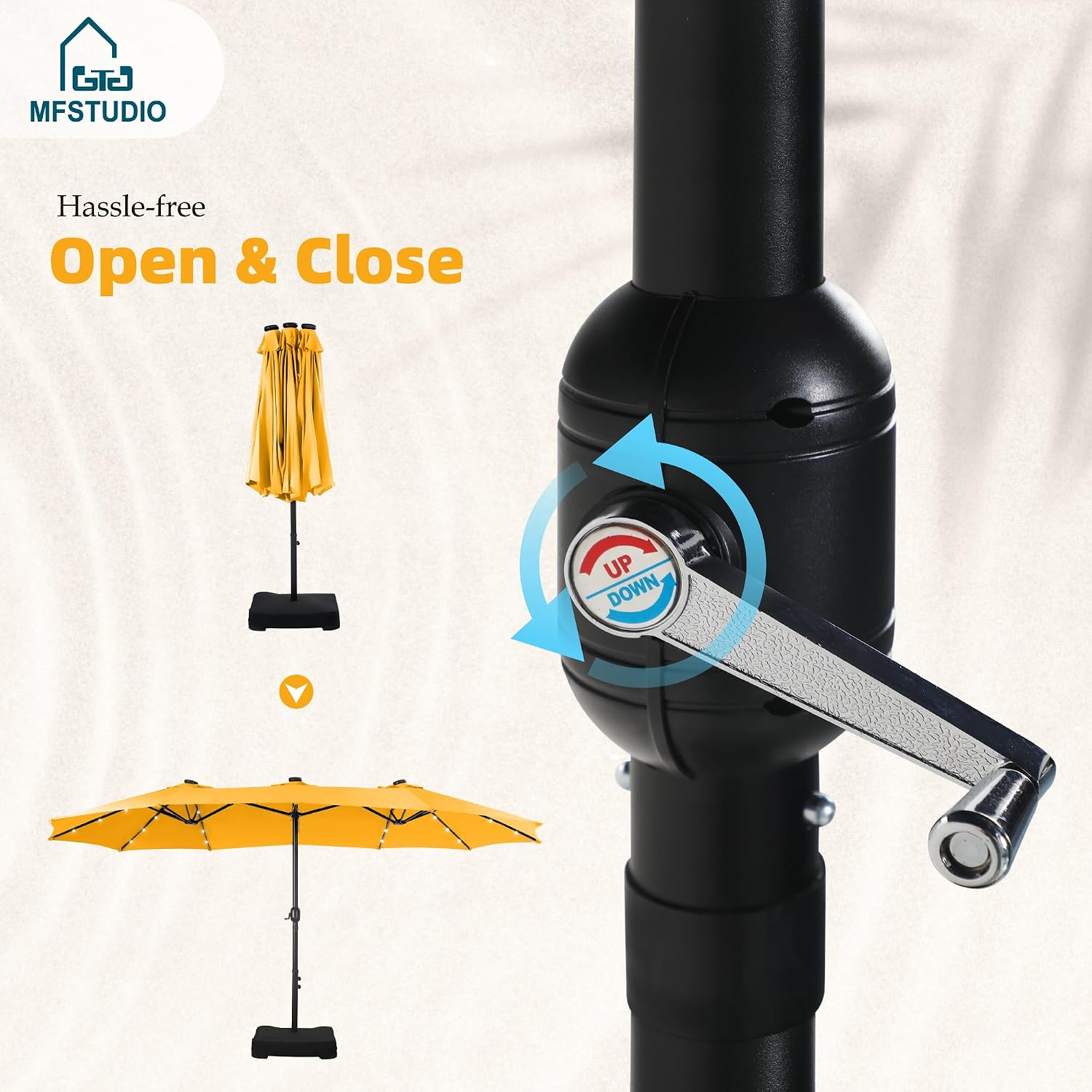 MFSTUDIO 15ft Double Sided Patio Umbrella with Solar Lights, Outdoor Large Umbrellas with Crank Handle and 36 LED Lights, Rectangular Market Umbrella with Base Included for Deck Pool, Gold Yellow