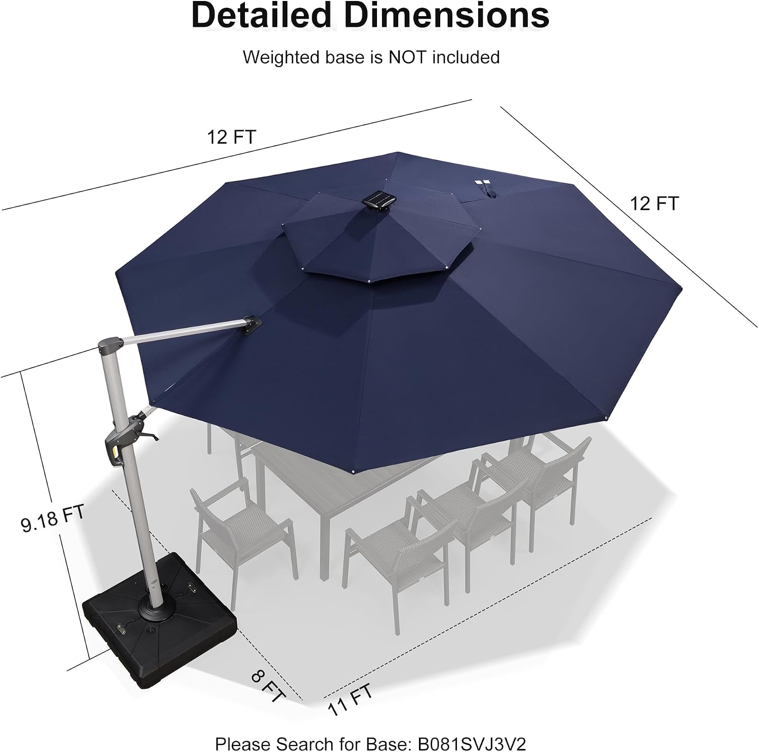 PURPLE LEAF 12ft Solar powered LED Patio Umbrella Outdoor Round Umbrella Large Cantilever Umbrellas with LED lights Windproof Offset Umbrellas Sun Umbrella for Garden Deck Pool Patio, Navy Blue